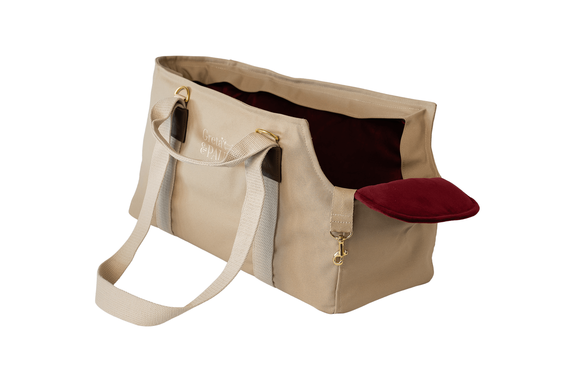 Gretas Hundetasche aus der Sommer-Kollektion in Beige mit very berryfarbenem Samt-Inlay, ohne Netz