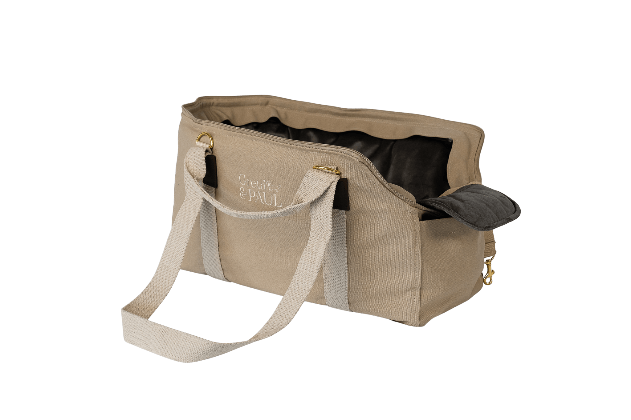 Gretas Hundetasche aus der Sommer-Kollektion in Beige mit anthrazitfarbenem Samt-Inlay, Ansicht mit verstautem Netz