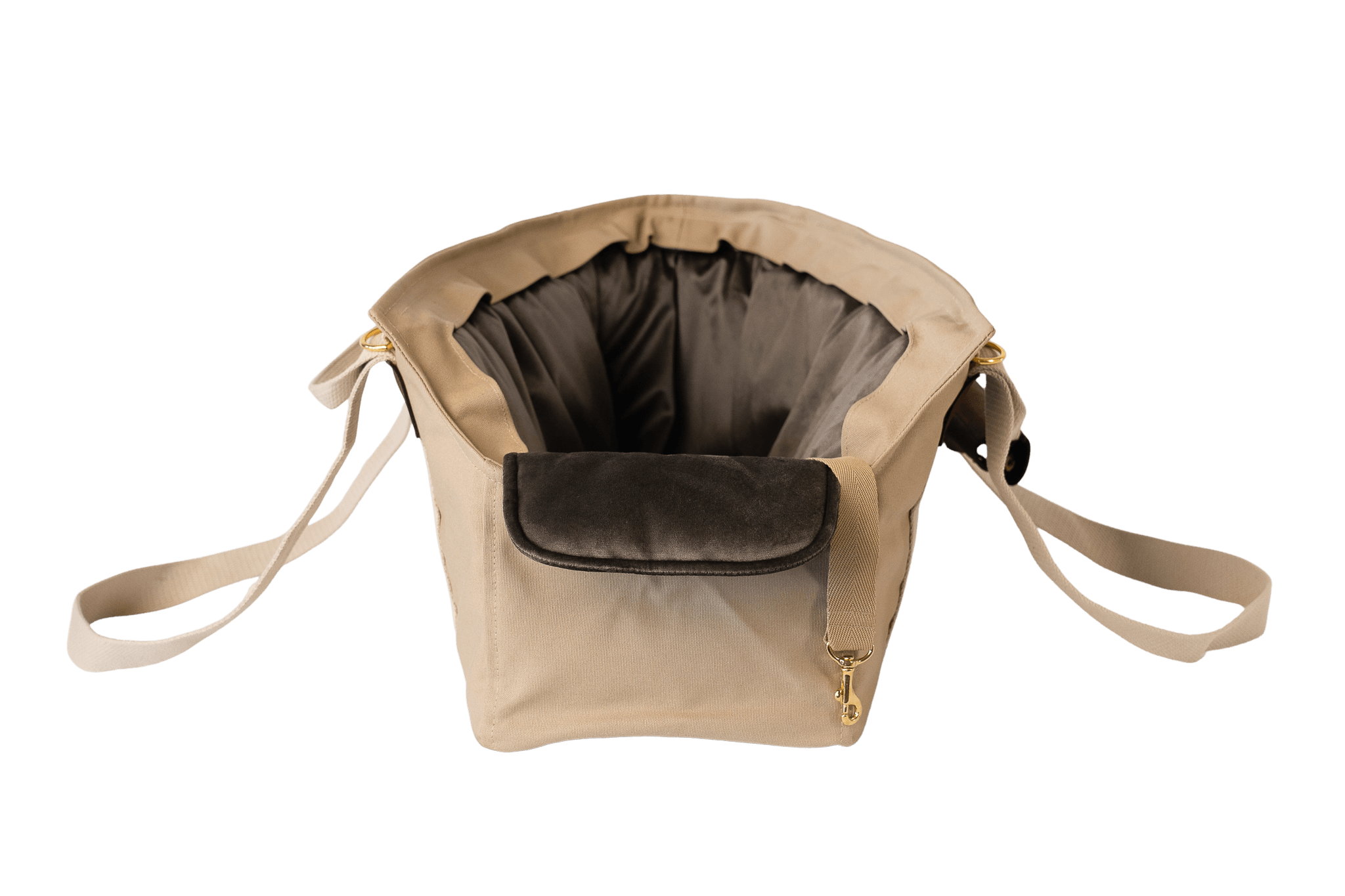 Gretas Hundetasche aus der Sommer-Kollektion in Beige mit anthrazitfarbenem Samt-Inlay, Vorderansicht, ohne Netz