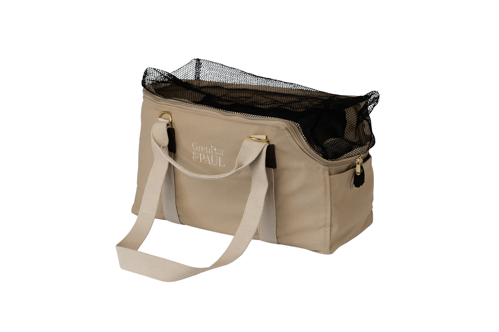 Greta's Hundetasche aus der Sommer-Kollektion in Beige mit anthrazitfarbenem Samt-Inlay, Ansicht mit geschlossenem Netz