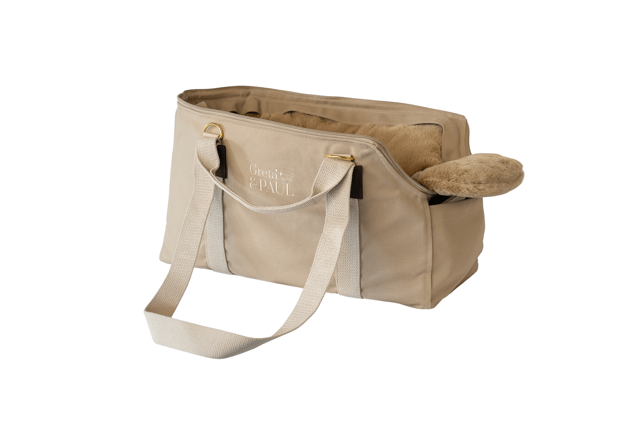 Gretas Hundetasche aus der Sommer-Kollektion in Beige mit beige-goldfarbenem Flausch-Inlay, Ansicht mit verstautem Netz