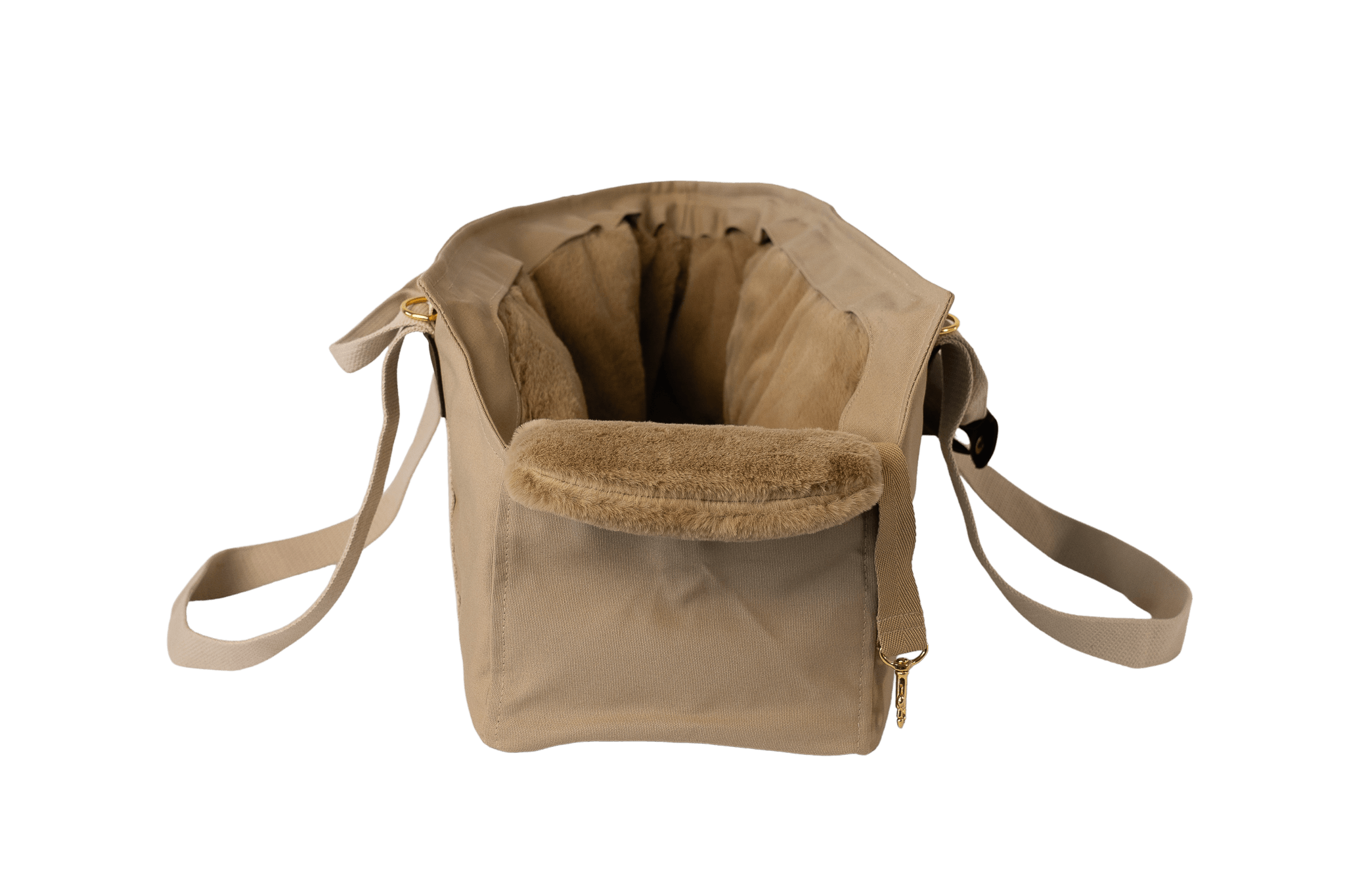 Gretas Hundetasche aus der Sommer-Kollektion in Beige mit beige-goldfarbenem Flausch-Inlay, Vorderansicht, ohne Netz