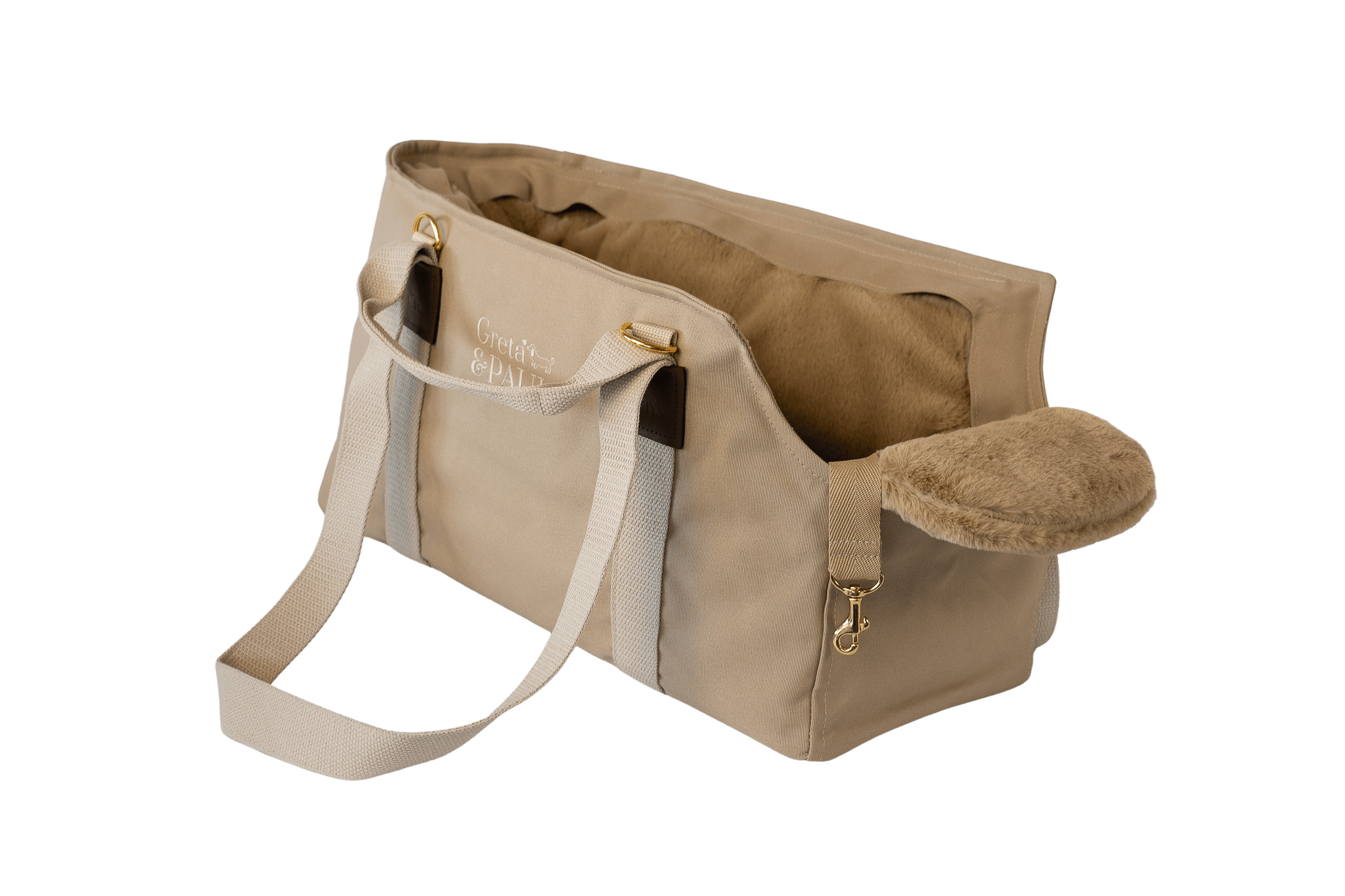 Gretas Hundetasche aus der Sommer-Kollektion in Beige mit beige-goldfarbenem Flausch-Inlay, ohne Netz
