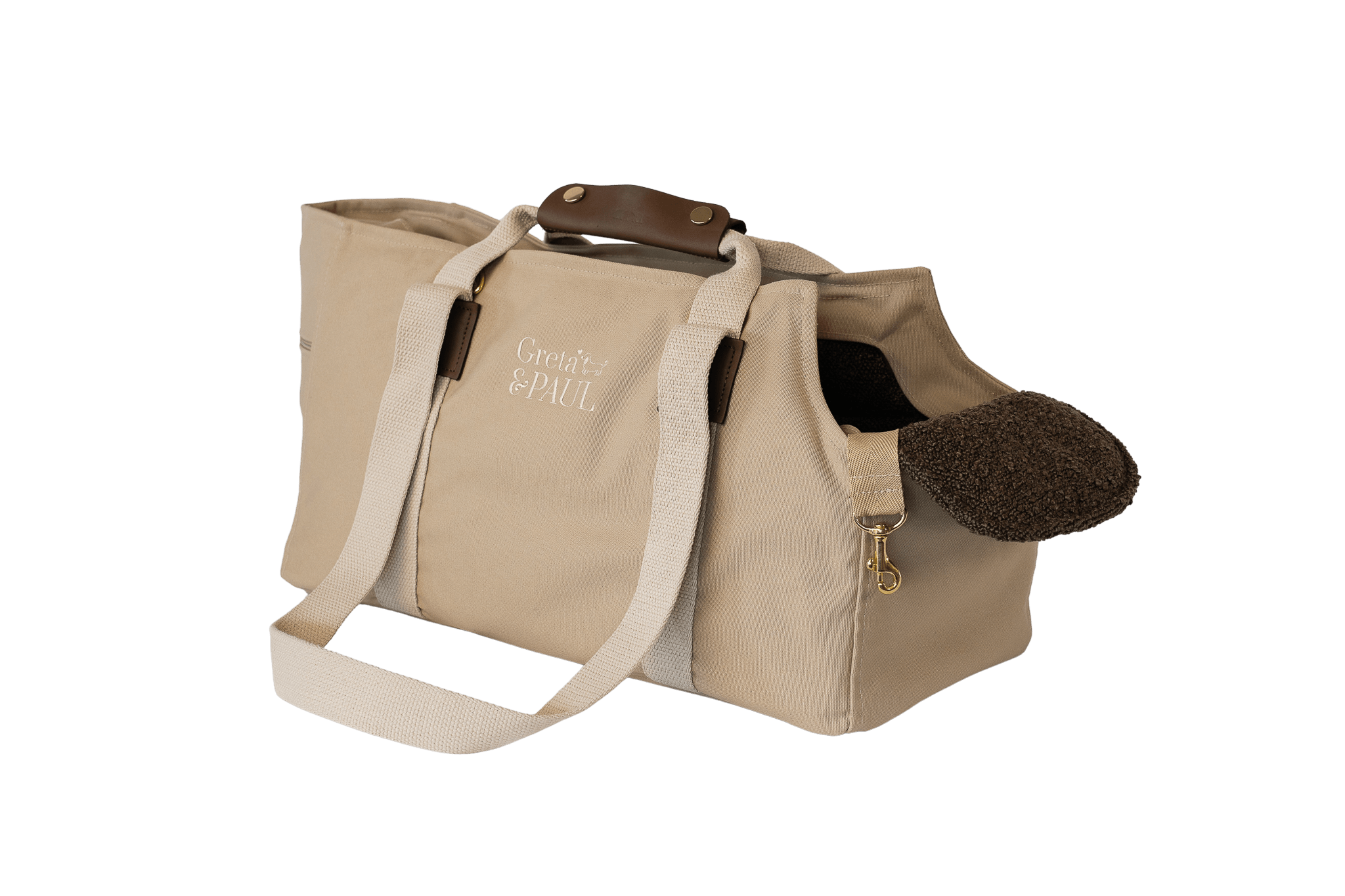 Gretas Hundetasche aus der Sommer-Kollektion in Beige mit braunem Bouclé-Inlay, ohne Netz, Trageansicht