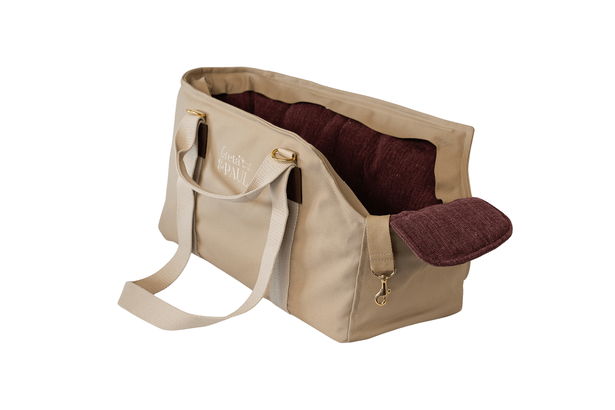 Gretas Hundetasche aus der Sommer-Kollektion in Beige mit lilafarbenem Leinen-Inlay, ohne Netz