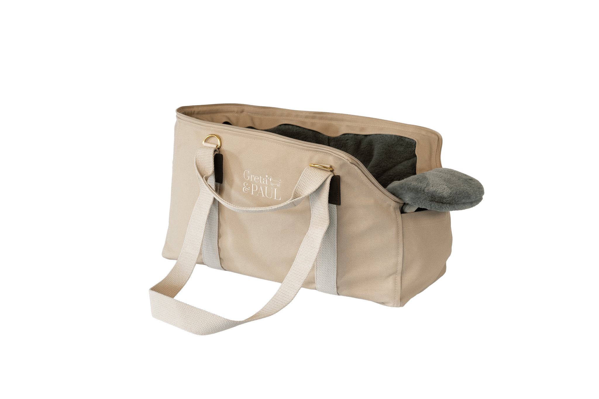 Gretas Hundetasche aus der Sommer-Kollektion in Beige mit grau-grün-silberfarbenem Flausch-Inlay, Ansicht mit verstautem Netz