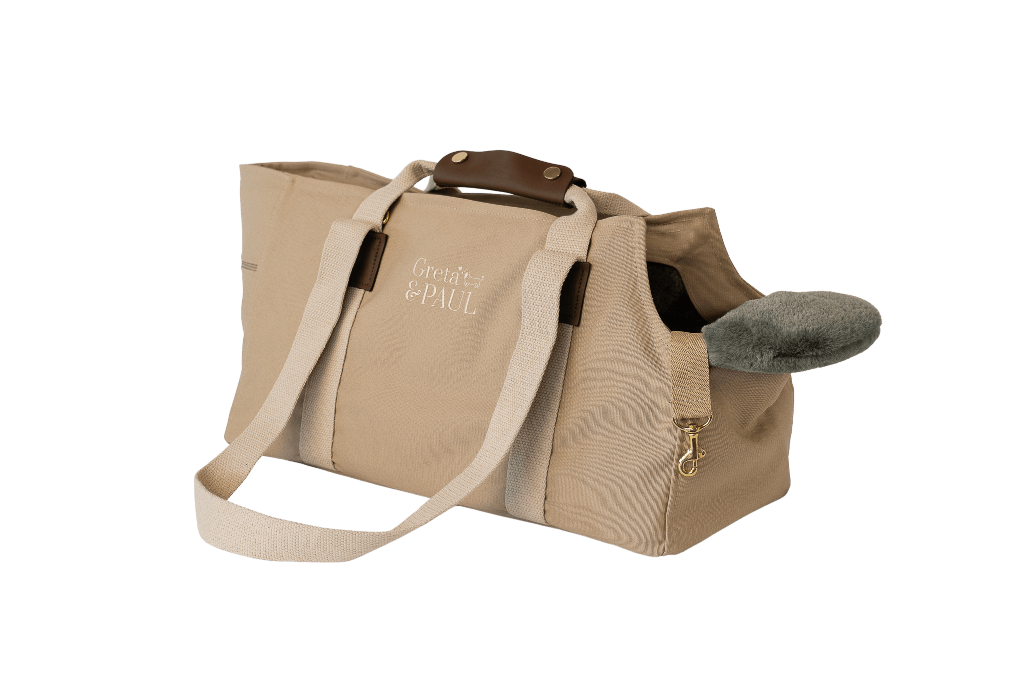 Gretas Hundetasche aus der Sommer-Kollektion in Beige mit grau-grün-silbernem Flausch-Inlay, ohne Netz, Trageansicht