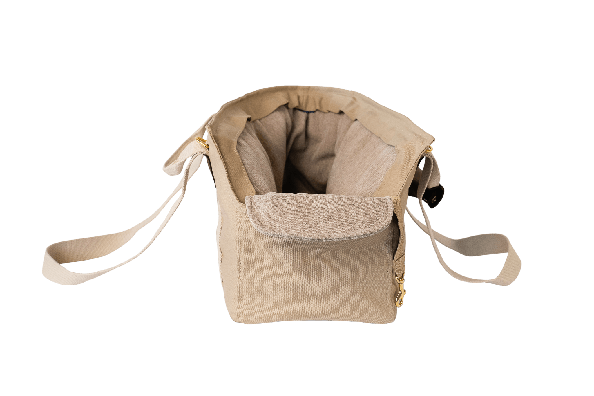 Gretas Hundetasche aus der Sommer-Kollektion in Beige mit hellbeigefarbenem Leinen-Inlay, Vorderansicht, ohne Netz