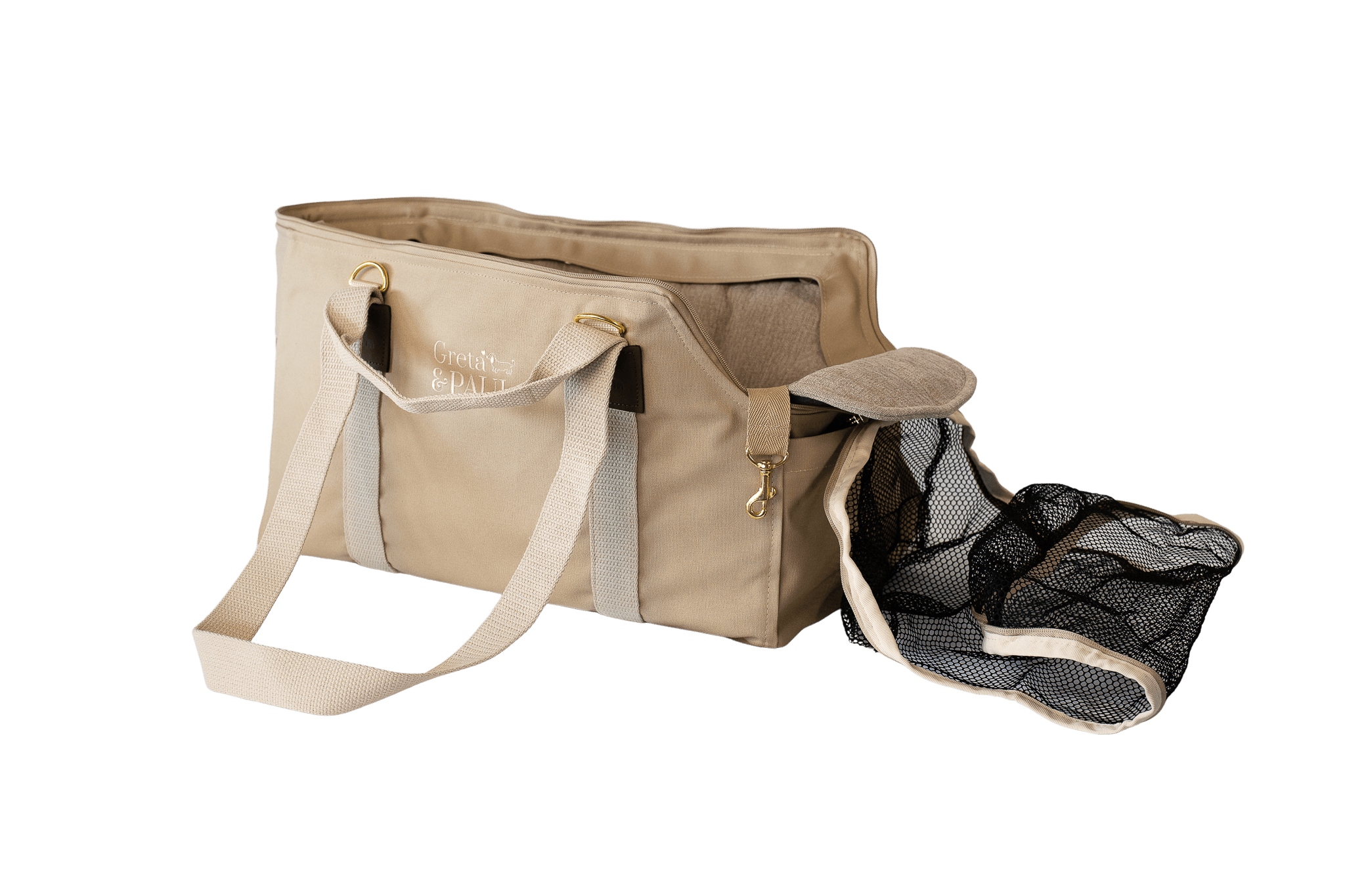 Greta's Hundetasche der Sommer-Kollektion in Beige mit hellbeigefarbenem Leinen-Inlay und geöffnetem Sicherheitsnetz.