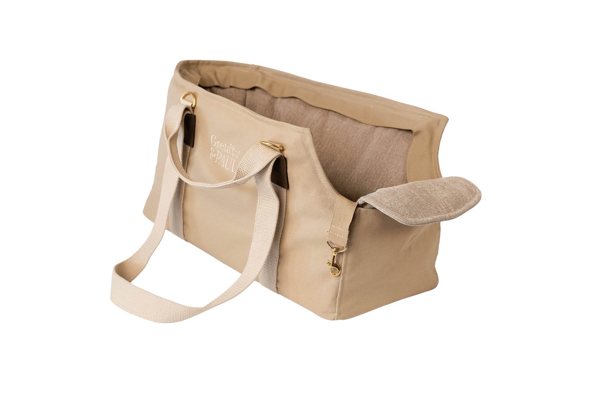 Gretas Hundetasche aus der Sommer-Kollektion in Beige mit hellbeigefarbenem Leinen-Inlay, ohne Sicherheitsnetz