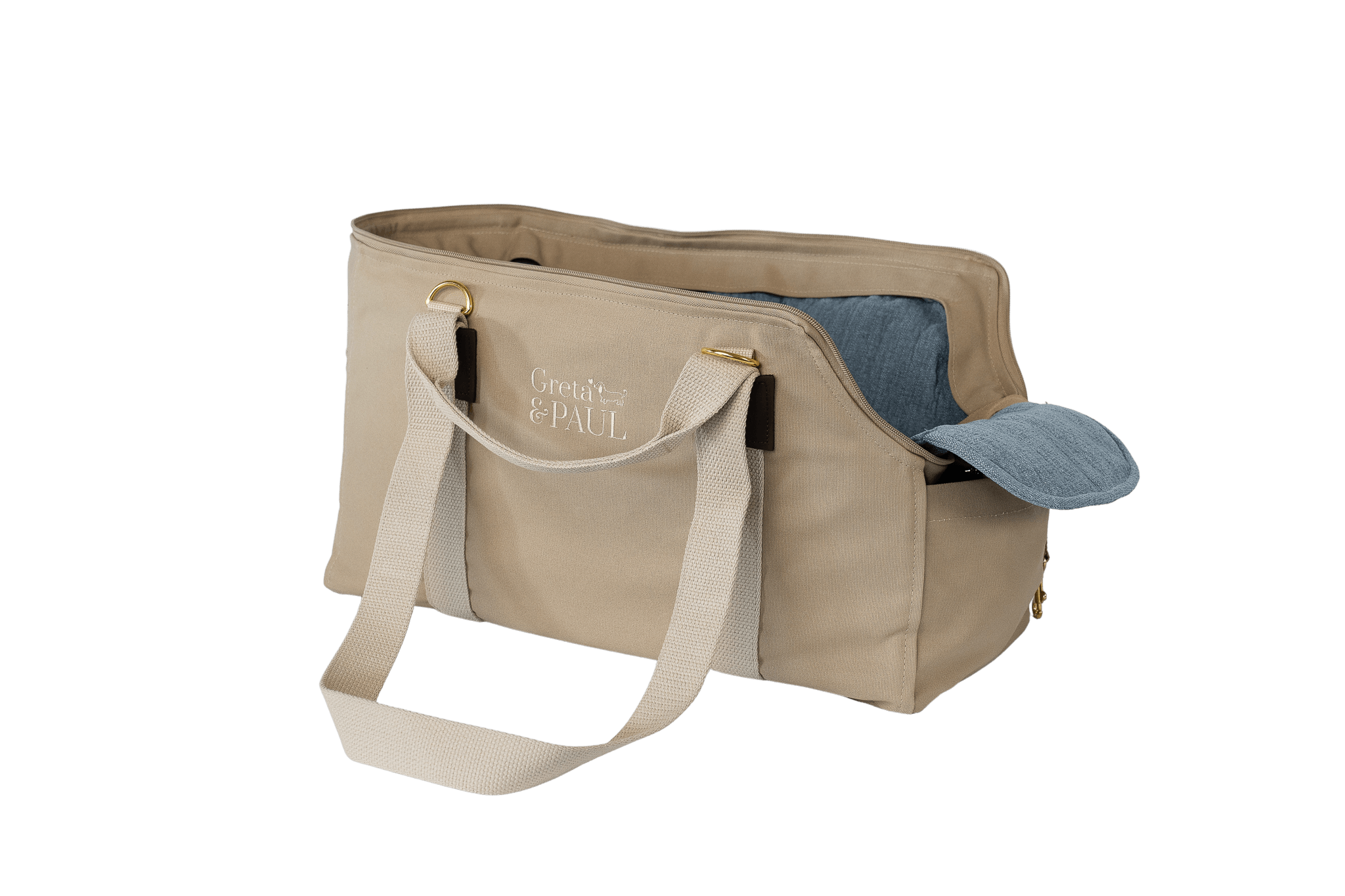 Gretas Hundetasche aus der Sommer-Kollektion in Beige mit hellblauem Leinen-Inlay, Ansicht mit verstautem Netz