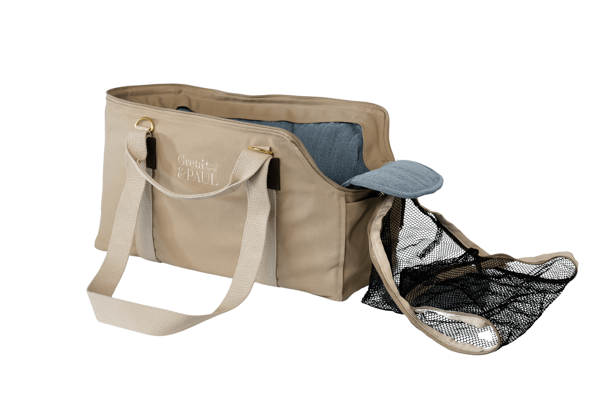 Greta's Hundetasche der Sommer-Kollektion in Beige mit hellblauem Leinen-Inlay und geöffnetem Sicherheitsnetz.