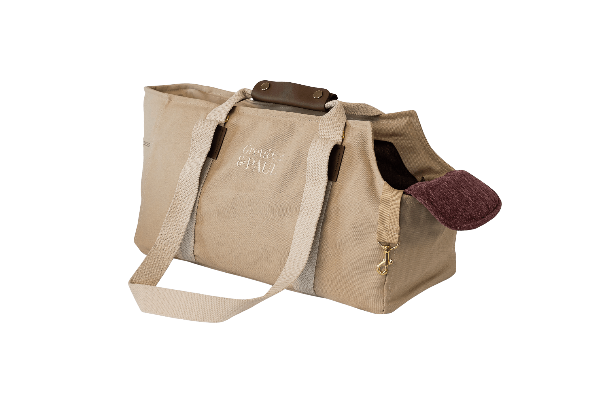 Gretas Hundetasche aus der Sommer-Kollektion in Beige mit lilafarbenem Leinen-Inlay, ohne Netz, Trageansicht