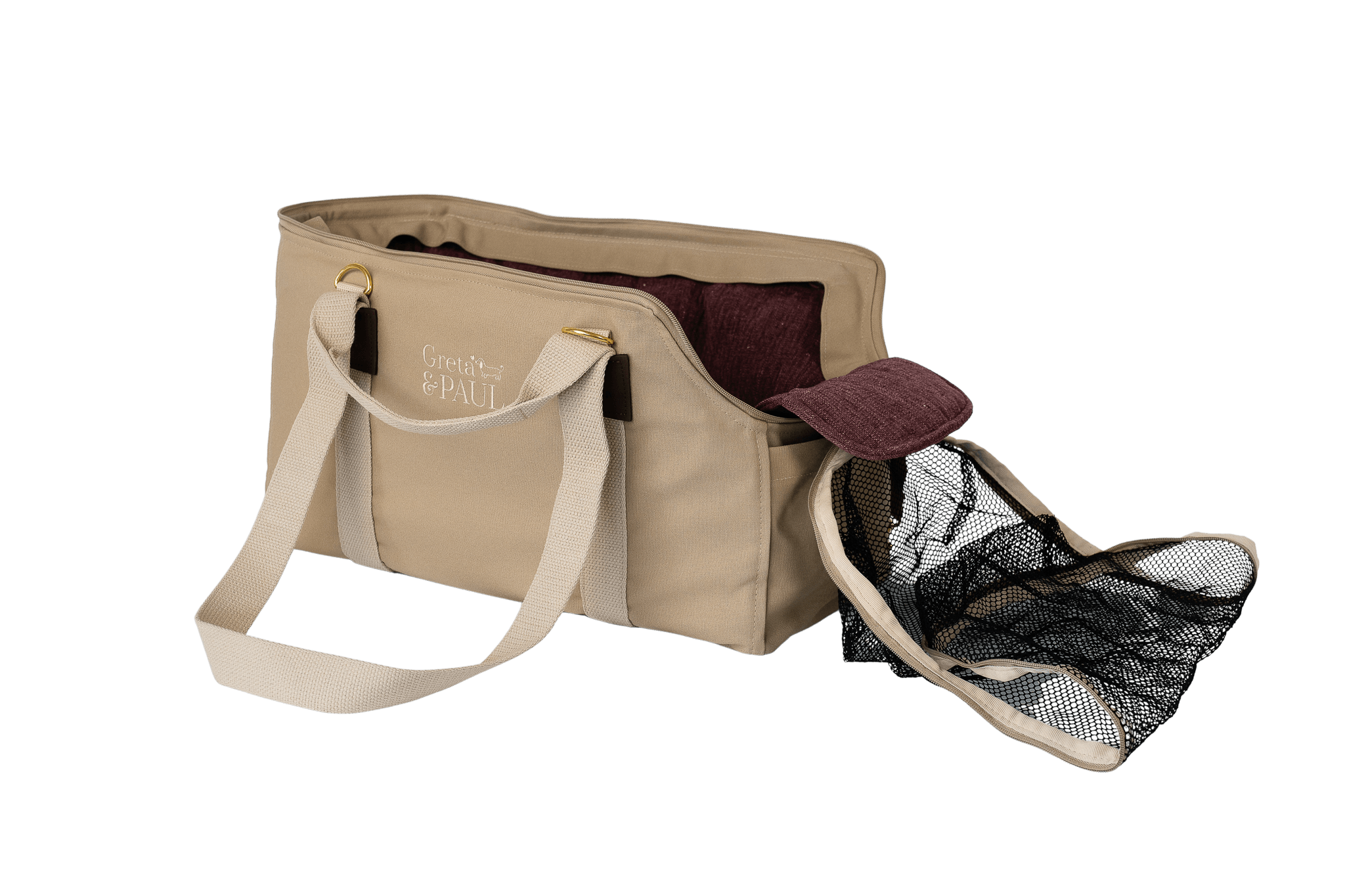 Greta's Hundetasche der Sommer-Kollektion in Beige mit lilafarbenem Leinen-Inlay und geöffnetem Sicherheitsnetz.