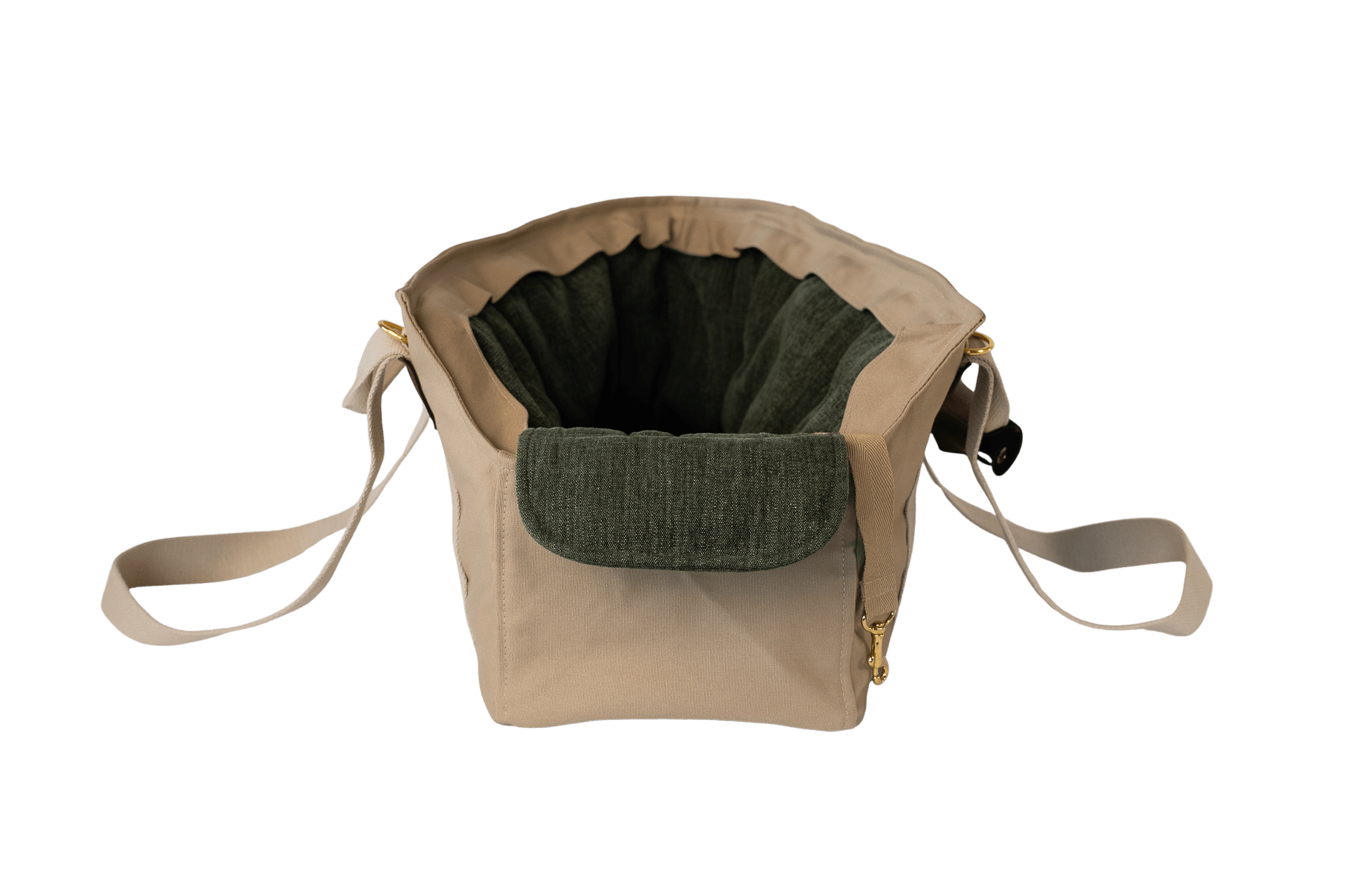 Gretas Hundetasche aus der Sommer-Kollektion in Beige mit olivgrünem Leinen-Inlay, Vorderansicht, ohne Netz