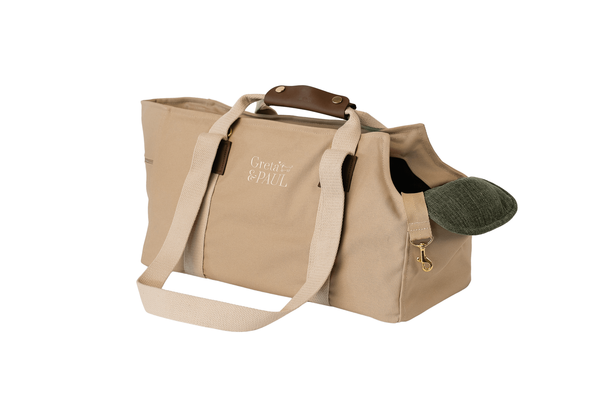 Gretas Hundetasche aus der Sommer-Kollektion in Beige mit olivgrünem Leinen-Inlay, ohne Netz, Trageansicht