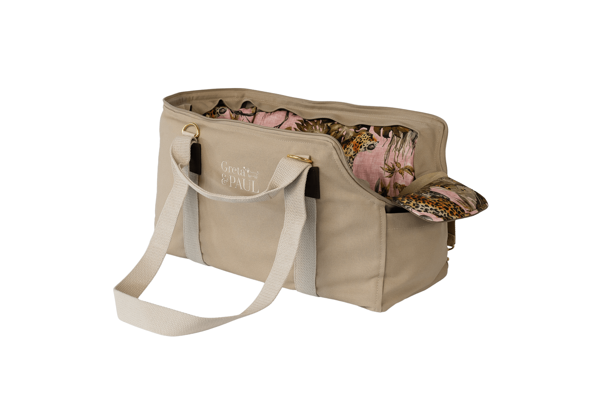 Gretas Hundetasche aus der Sommer-Kollektion in Beige mit Pink-Leo Samt-Inlay, Ansicht mit verstautem Netz
