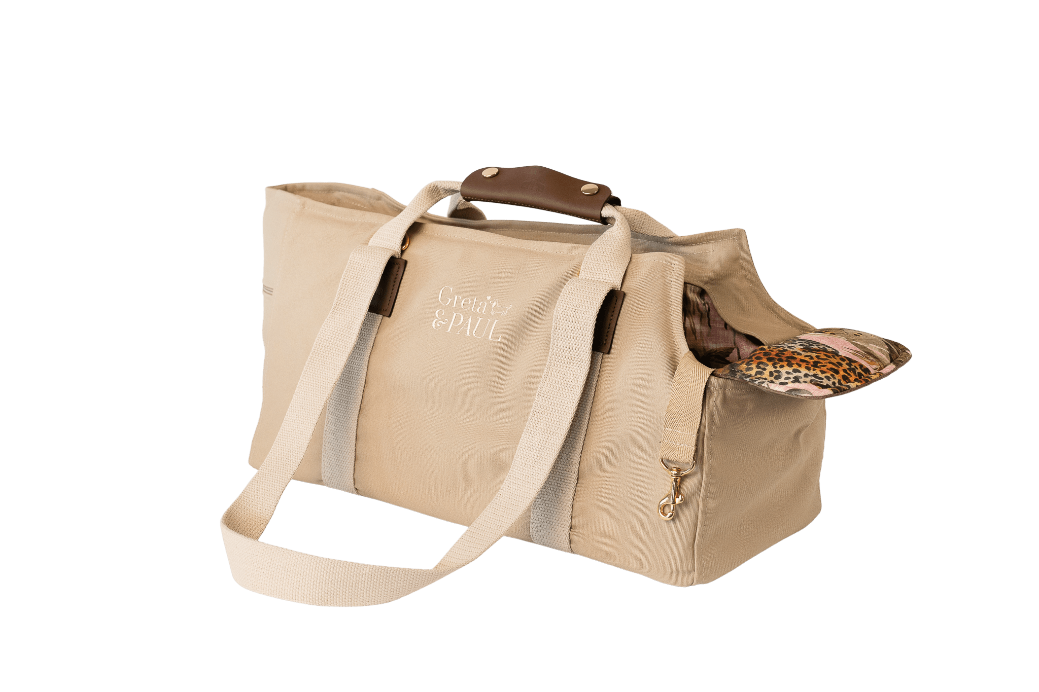 Gretas Hundetasche aus der Sommer-Kollektion in Beige mit Pink-Leo Samt-Inlay, ohne Netz, Trageansicht