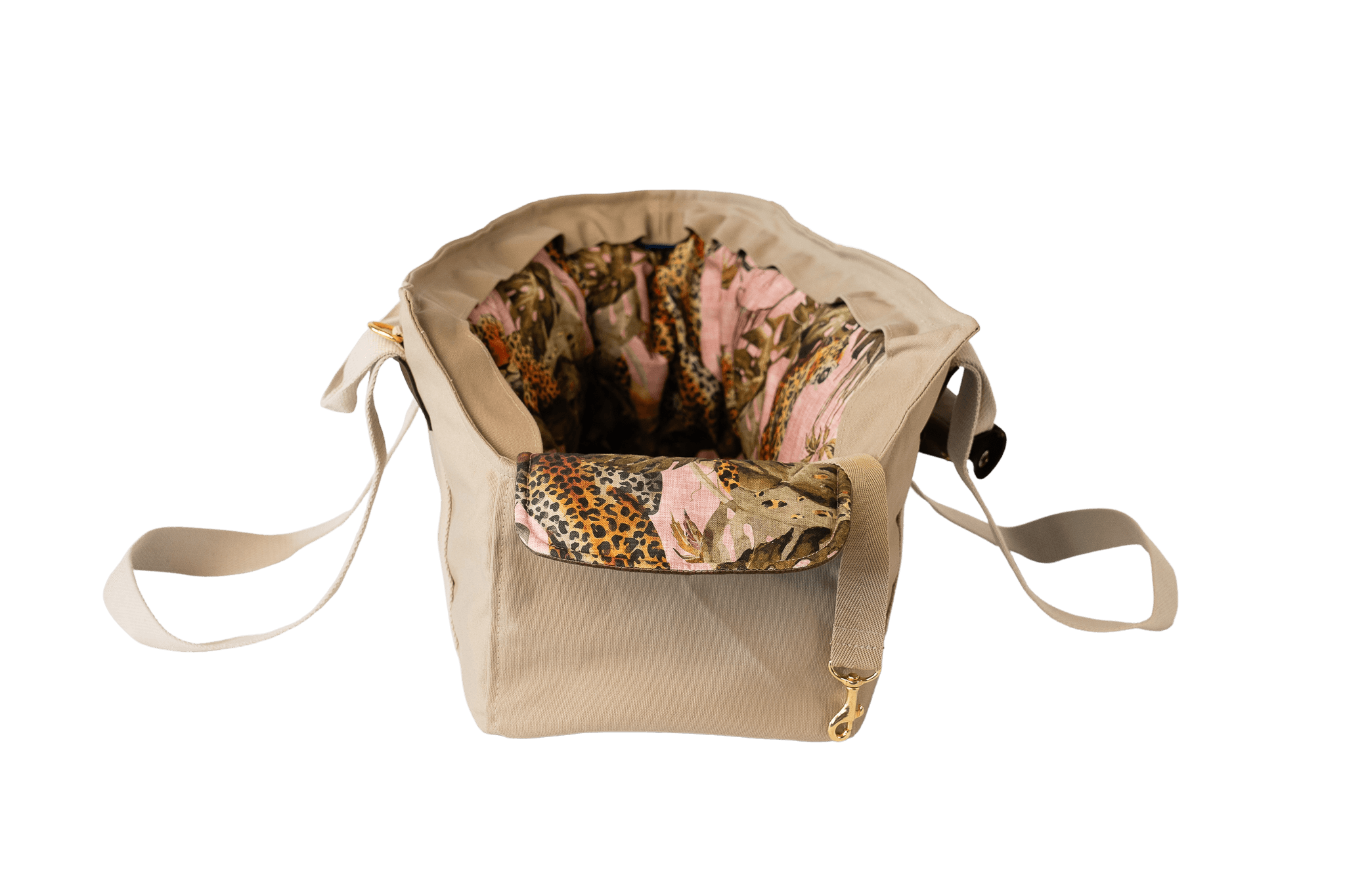 Gretas Hundetasche aus der Sommer-Kollektion in Beige mit Pink-Leo Samt-Inlay, Vorderansicht, ohne Netz