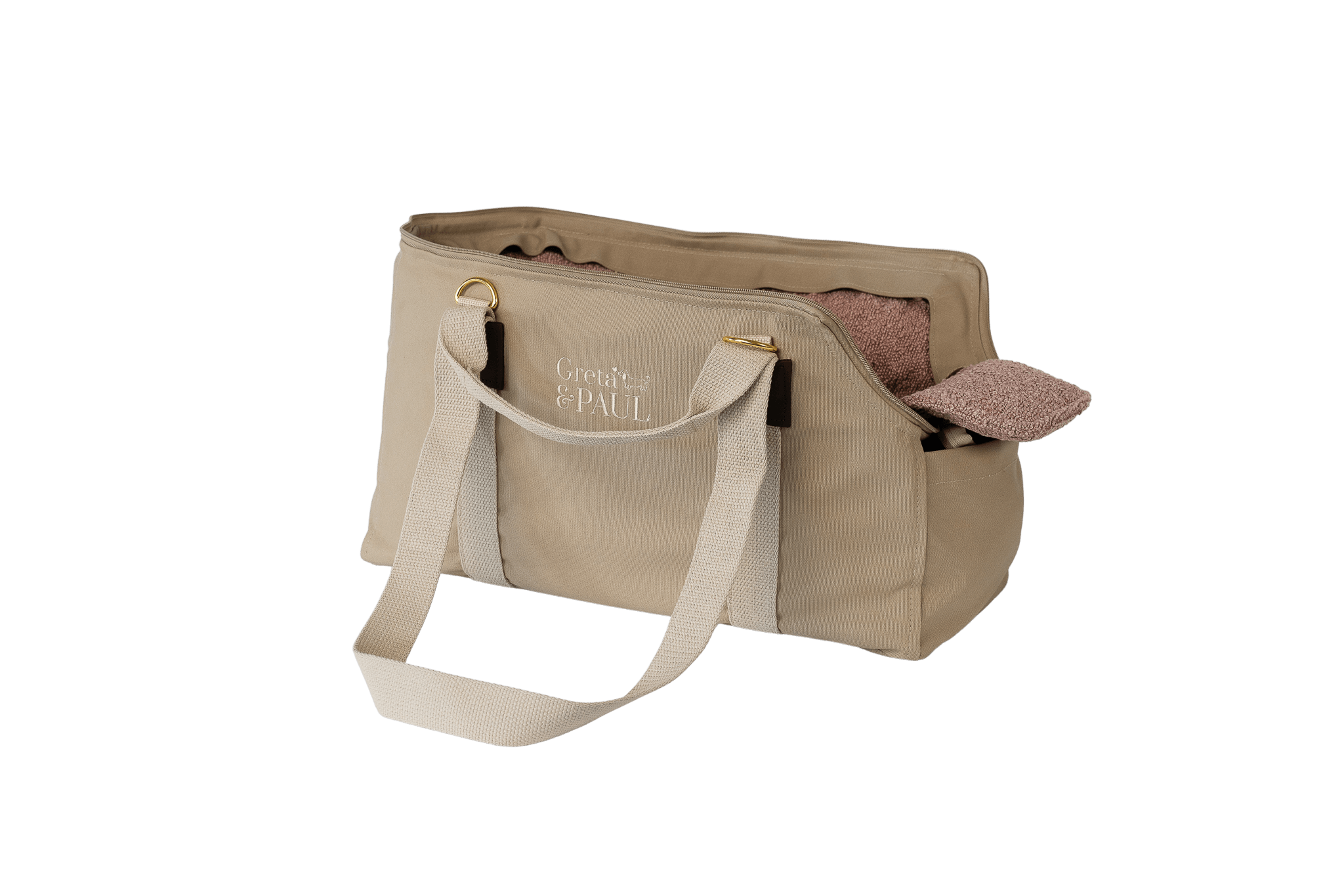 Gretas Hundetasche aus der Sommer-Kollektion in Beige mit rosafarbenem Bouclé-Inlay, Ansicht mit verstautem Netz
