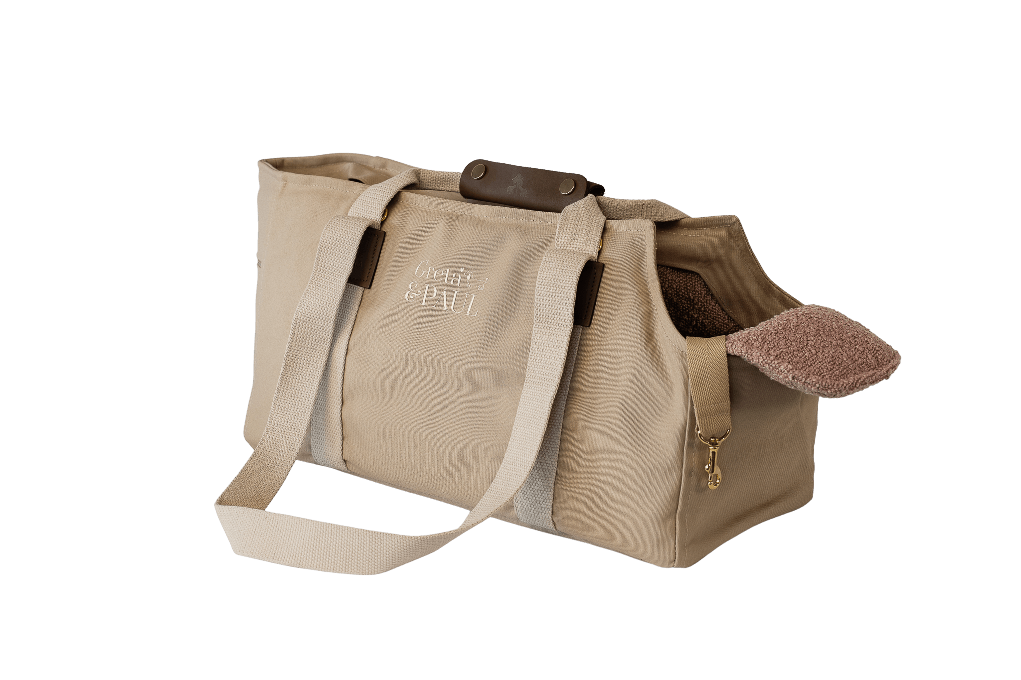 Gretas Hundetasche aus der Sommer-Kollektion in Beige mit rosafarbenem Bouclé-Inlay, ohne Netz, Trageansicht