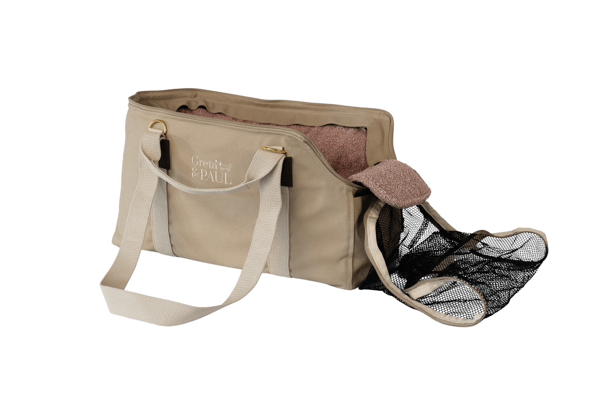 Gretas Hundetasche der Sommer-Kollektion in Beige mit rosafarbenem Bouclé-Inlay, offene Ansicht mit Sicherheitsnetz