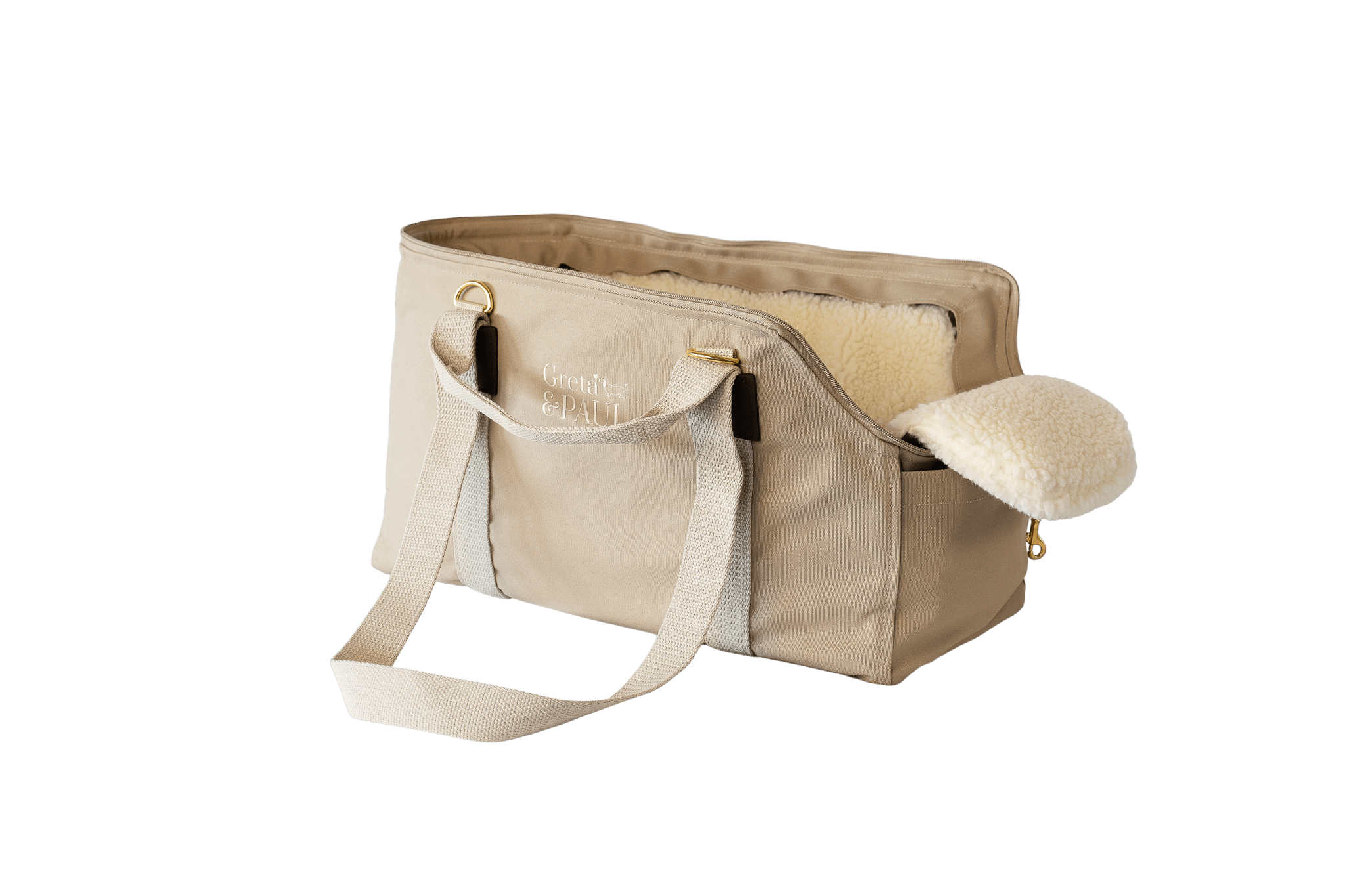 Gretas Hundetasche aus der Sommer-Kollektion in Beige mit Teddyfell-Inlay, Ansicht mit verstautem Netz