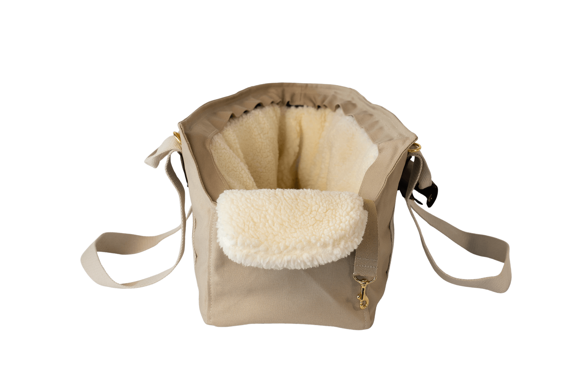 Gretas Hundetasche aus der Sommer-Kollektion in Beige mit Teddyfell-Inlay, Vorderansicht, ohne Netz