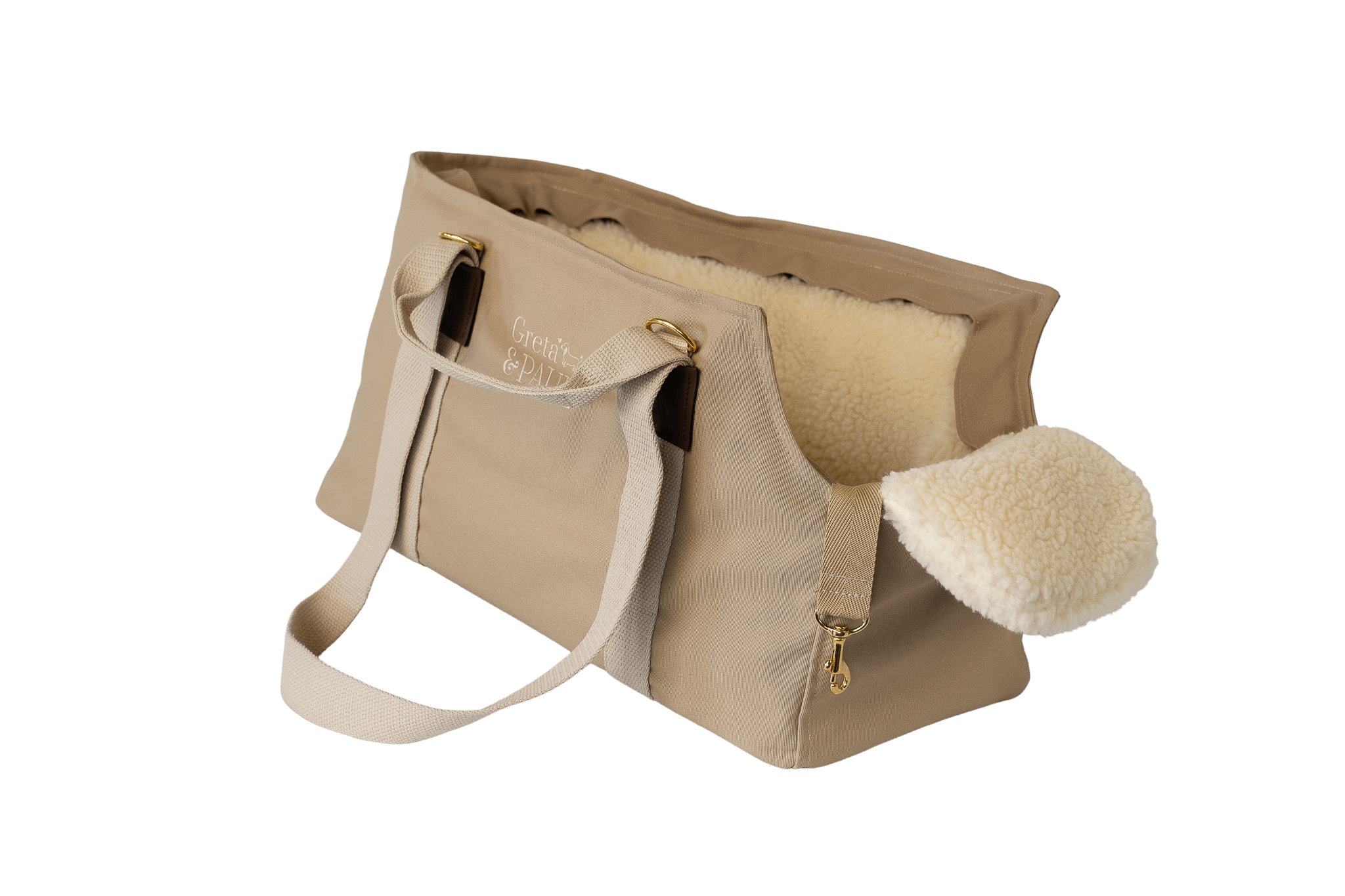 Gretas Hundetasche aus der Sommer-Kollektion in Beige mit Teddyfell-Inlay, ohne Netz