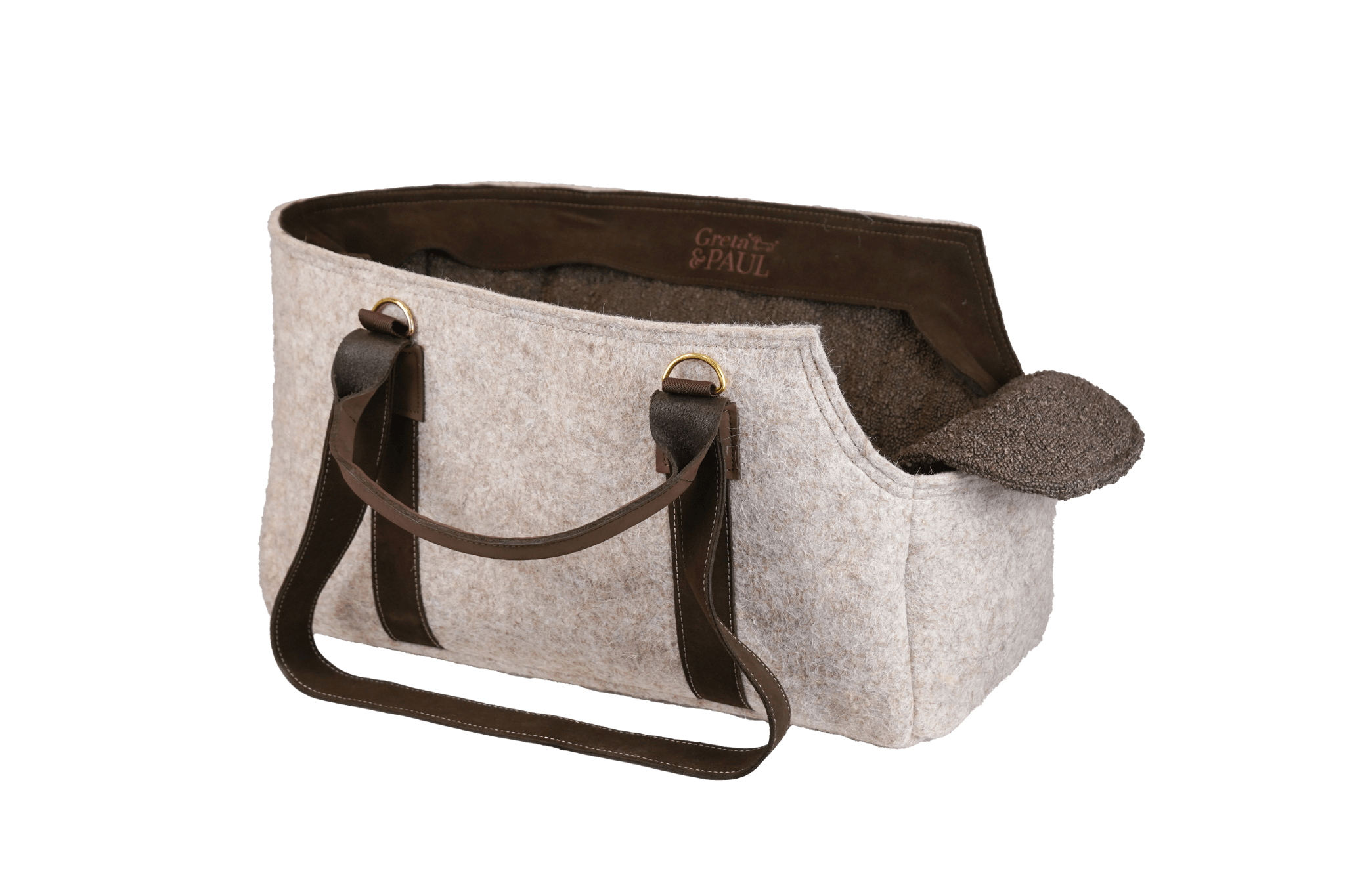 Greta's Luxus-Lodentasche mit braunfarbenem Bouclé-Inlay, dunklen Ledergriffen und gesticktem Greta & PAUL Logo im Inneren