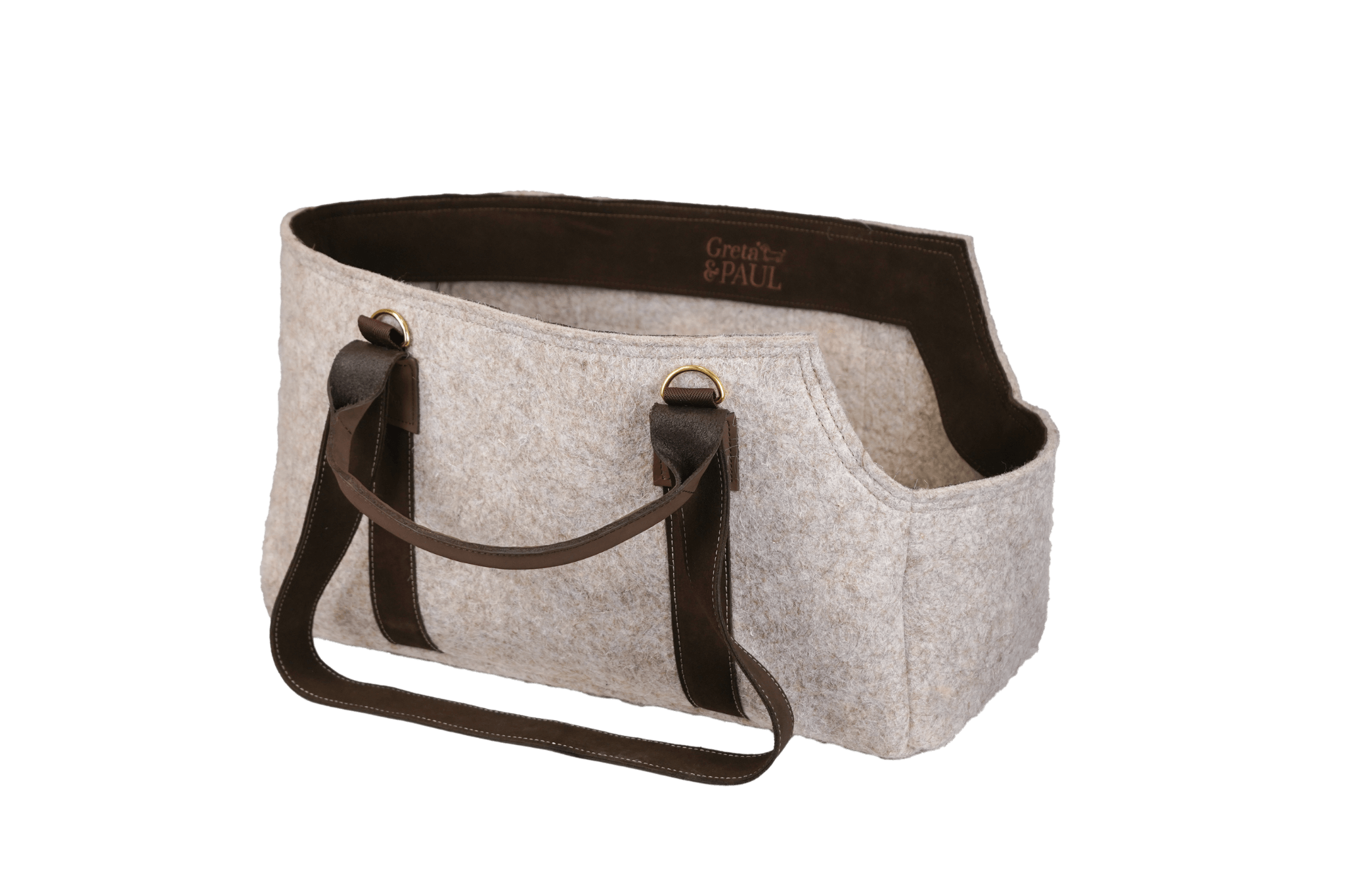 Greta's Luxus-Lodentasche mit dunklen Ledergriffen und gesticktem Greta & PAUL Logo im Inneren, ohne Inlay