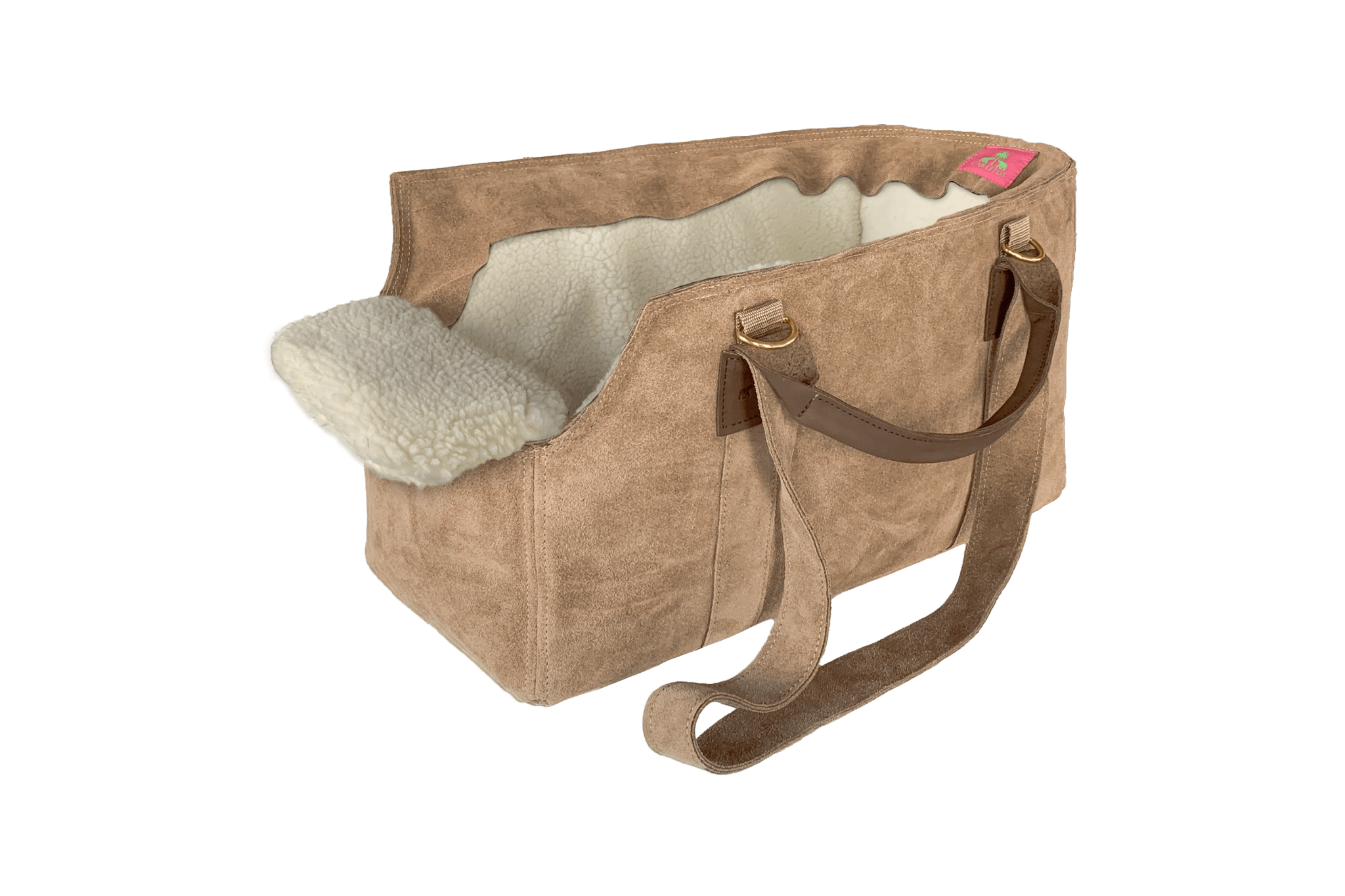 Greta's Luxus-Wildleder-Hundetasche in Cappuccino mit Kontrastnähten und Teddyfell-Inlay