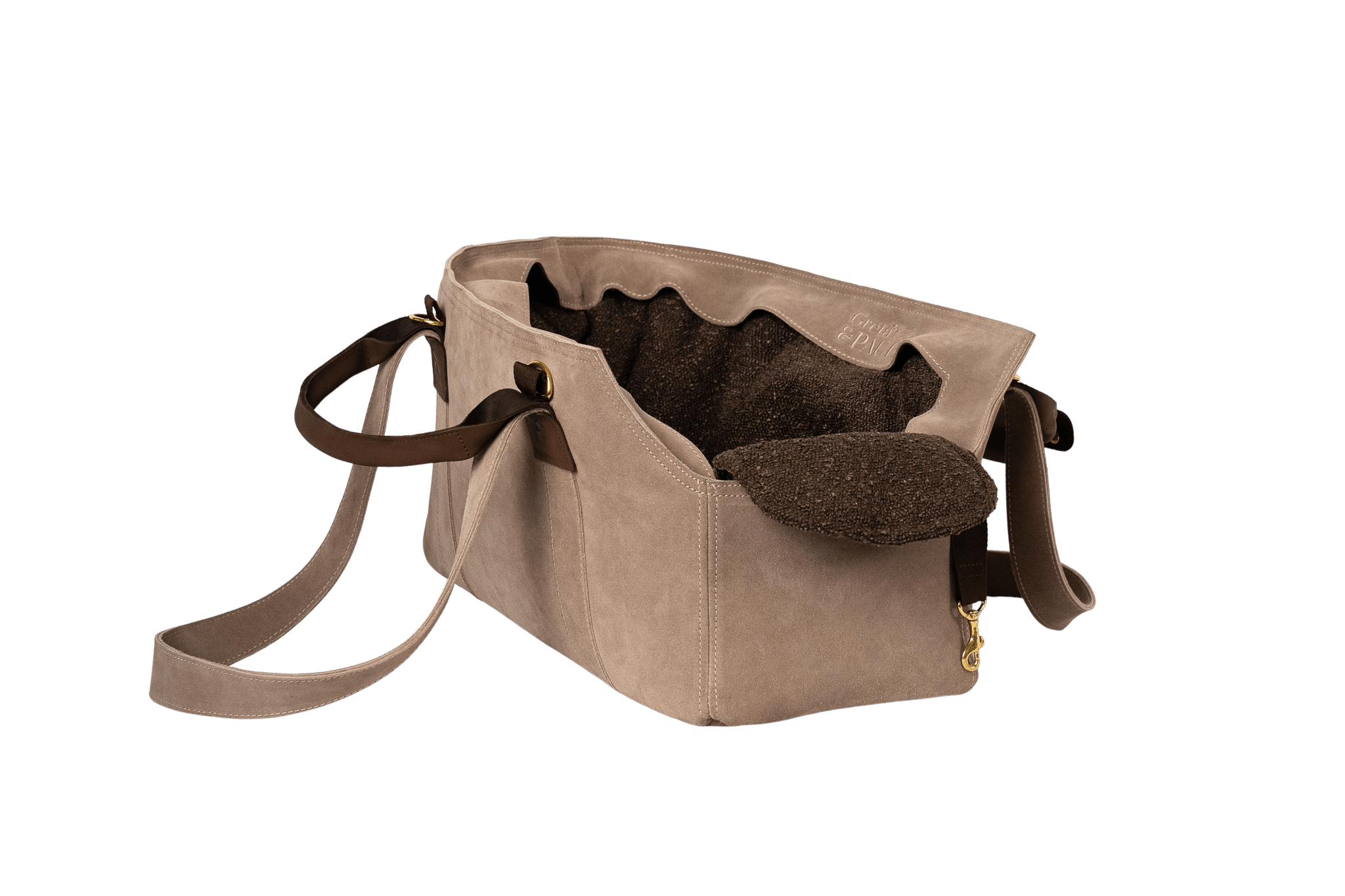 Gretas Luxus Wildleder-Hundetasche in Cappuccino mit braunem Boucle-Inlay, hochwertige Tragetasche für Hunde bis 9 kg, Premium-Design für kleine bis mittelgroße Hunde