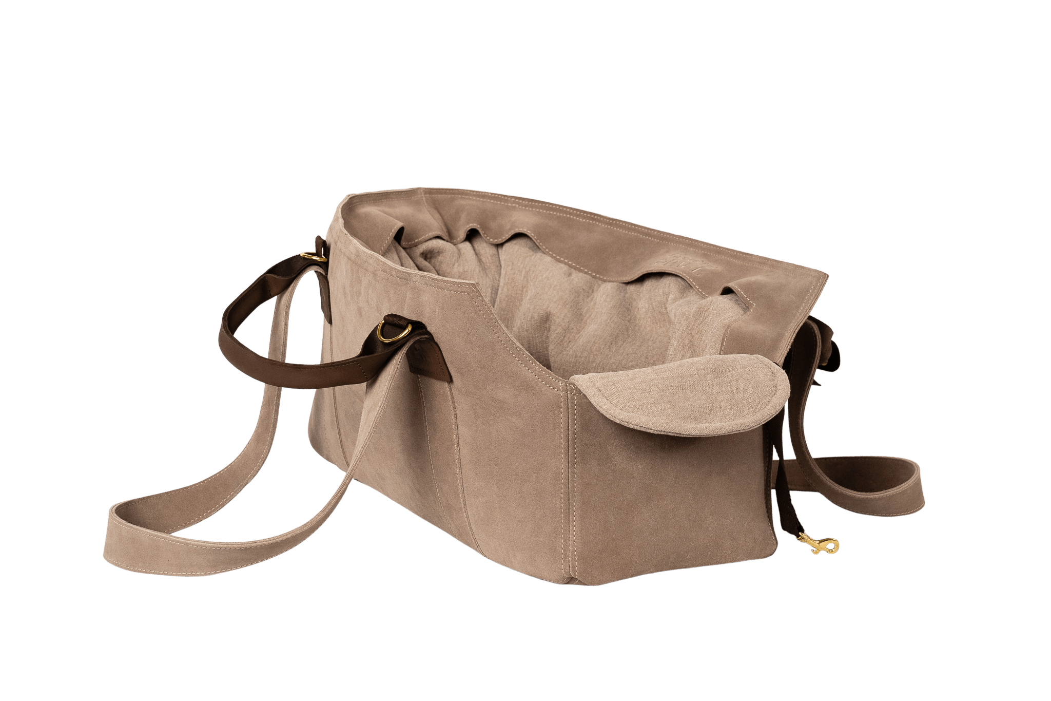 Gretas Luxus Wildleder-Hundetasche in Cappuccino mit hellbeigefarbenem Leinen-Inlay, hochwertige Tragetasche für Hunde bis 9 kg, Premium-Design für kleine bis mittelgroße Hunde