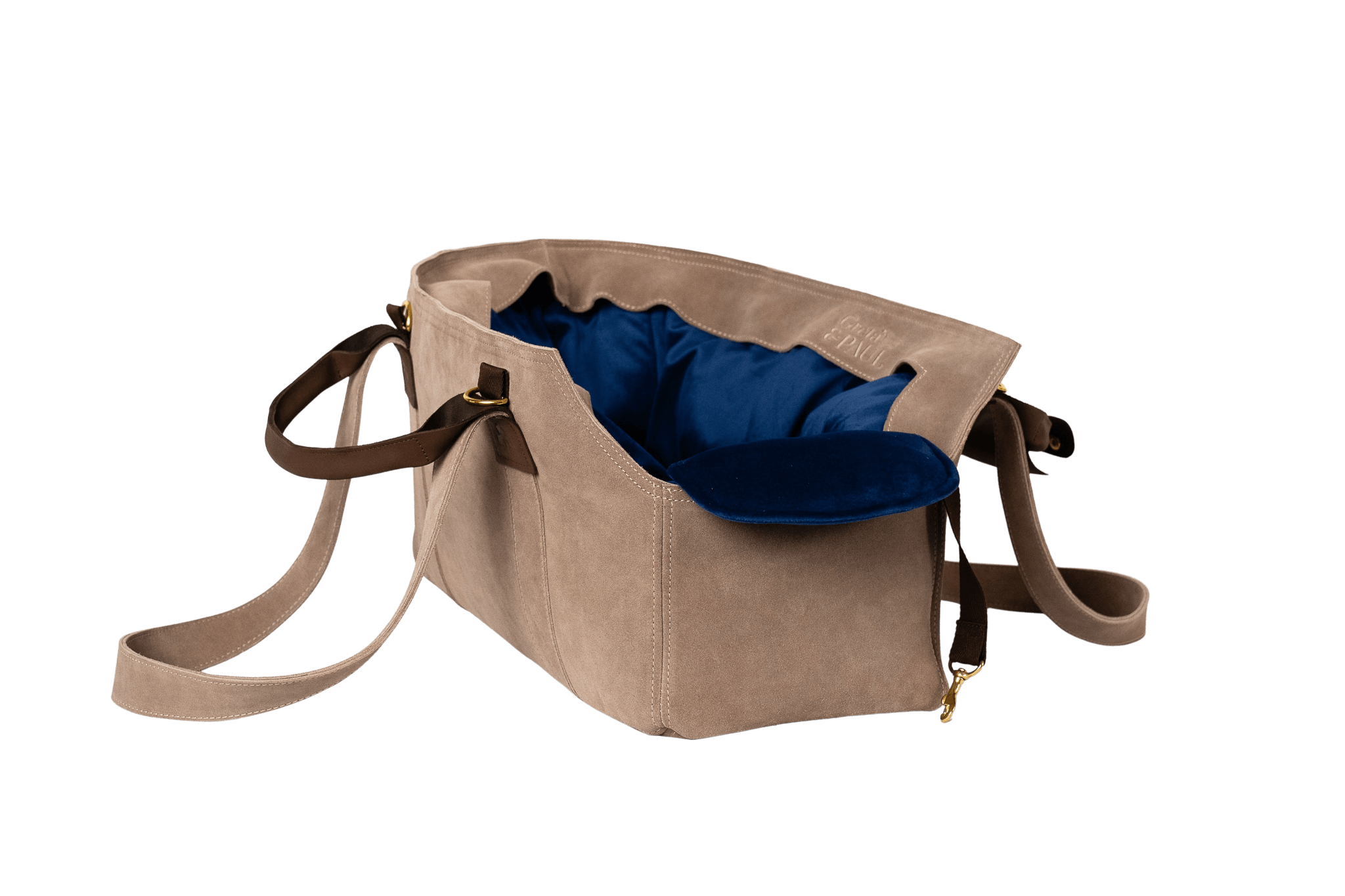 Gretas Luxus Wildleder-Hundetasche in Cappuccino mit königsblauem Samt-Inlay, hochwertige Tragetasche für Hunde bis 9 kg, Premium-Design für kleine bis mittelgroße Hunde