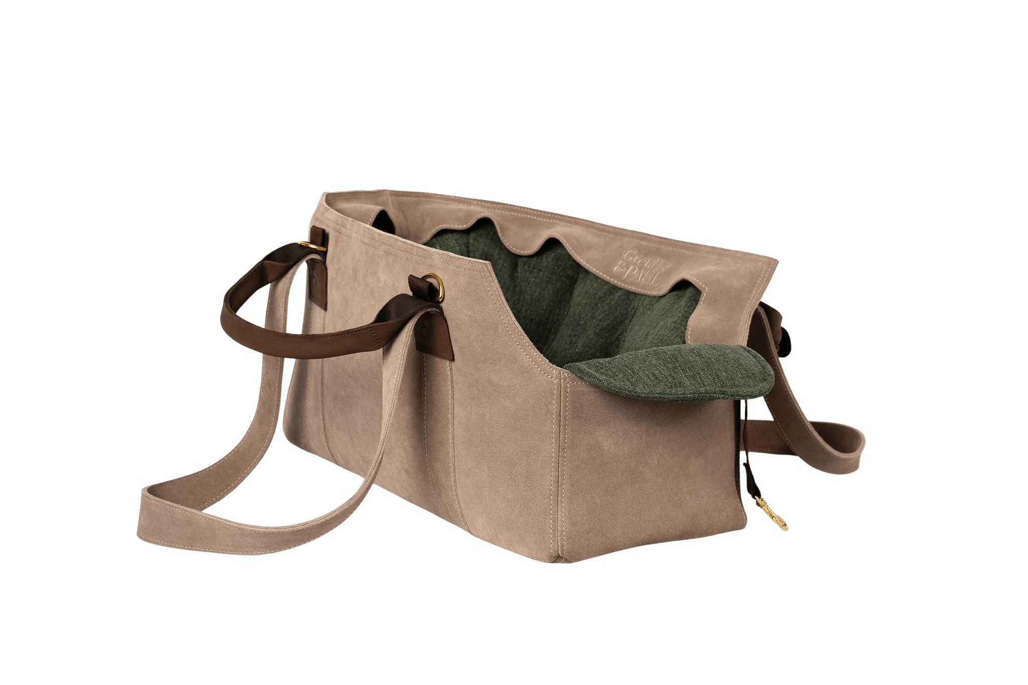 Gretas Luxus Wildleder-Hundetasche in Cappuccino mit olivgrünem Leinen-Inlay, hochwertige Tragetasche für Hunde bis 9 kg, Premium-Design für kleine bis mittelgroße Hunde