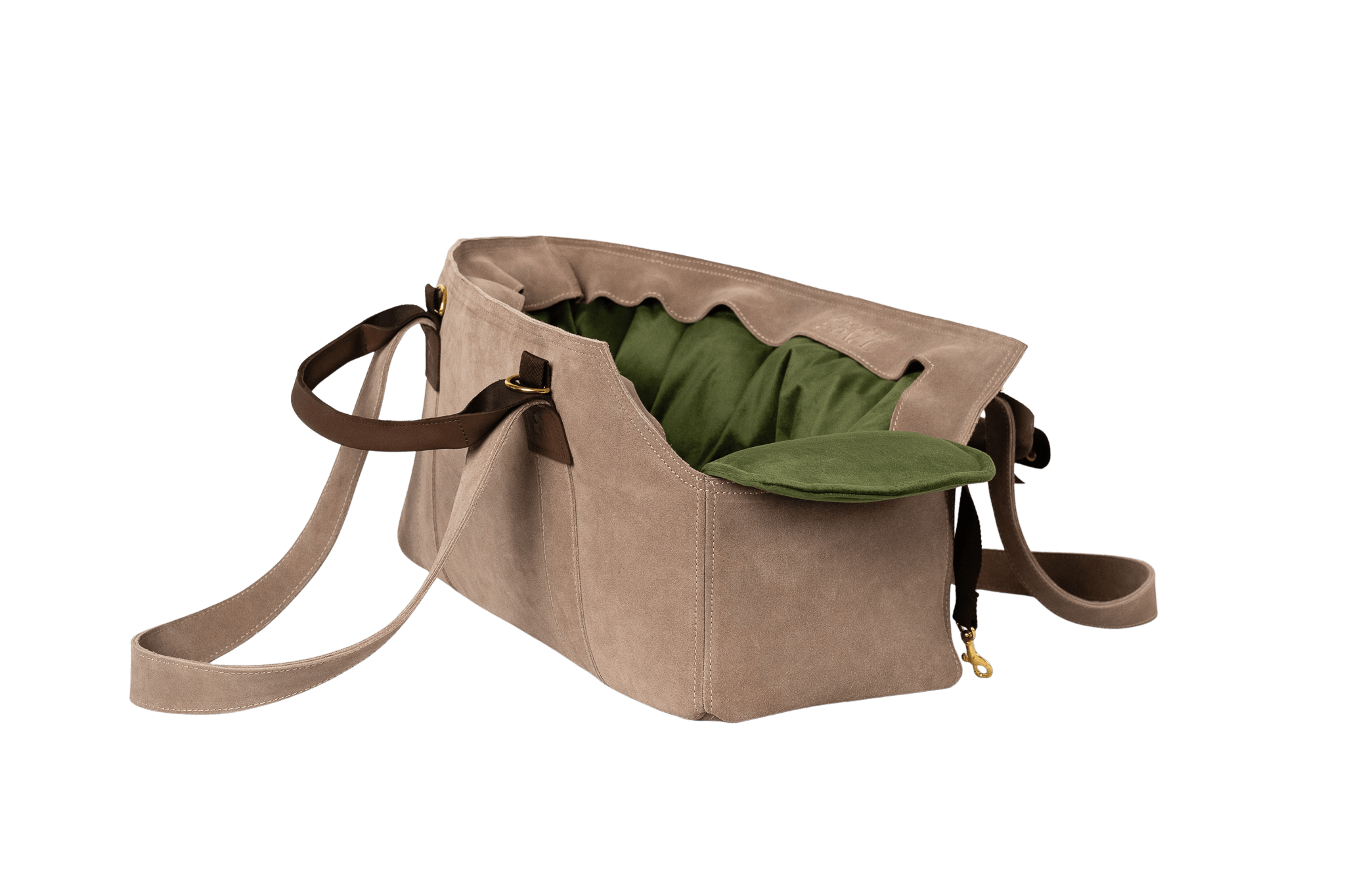 Gretas Luxus Wildleder-Hundetasche in Cappuccino mit olivgrünem Samt-Inlay, hochwertige Tragetasche für Hunde bis 9 kg, Premium-Design für kleine bis mittelgroße Hunde