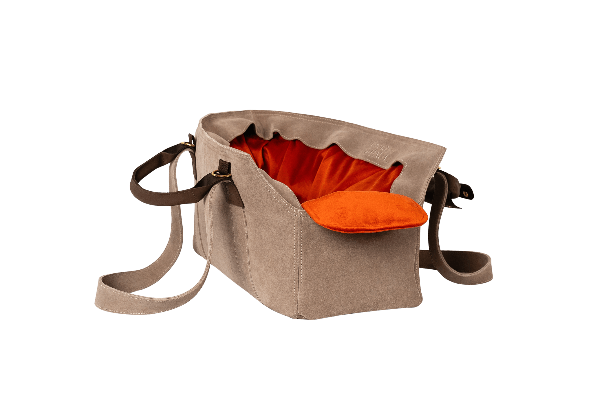 Gretas Luxus Wildleder-Hundetasche in Cappuccino mit orangefarbenem Samt-Inlay, hochwertige Tragetasche für Hunde bis 9 kg, Premium-Design für kleine bis mittelgroße Hunde