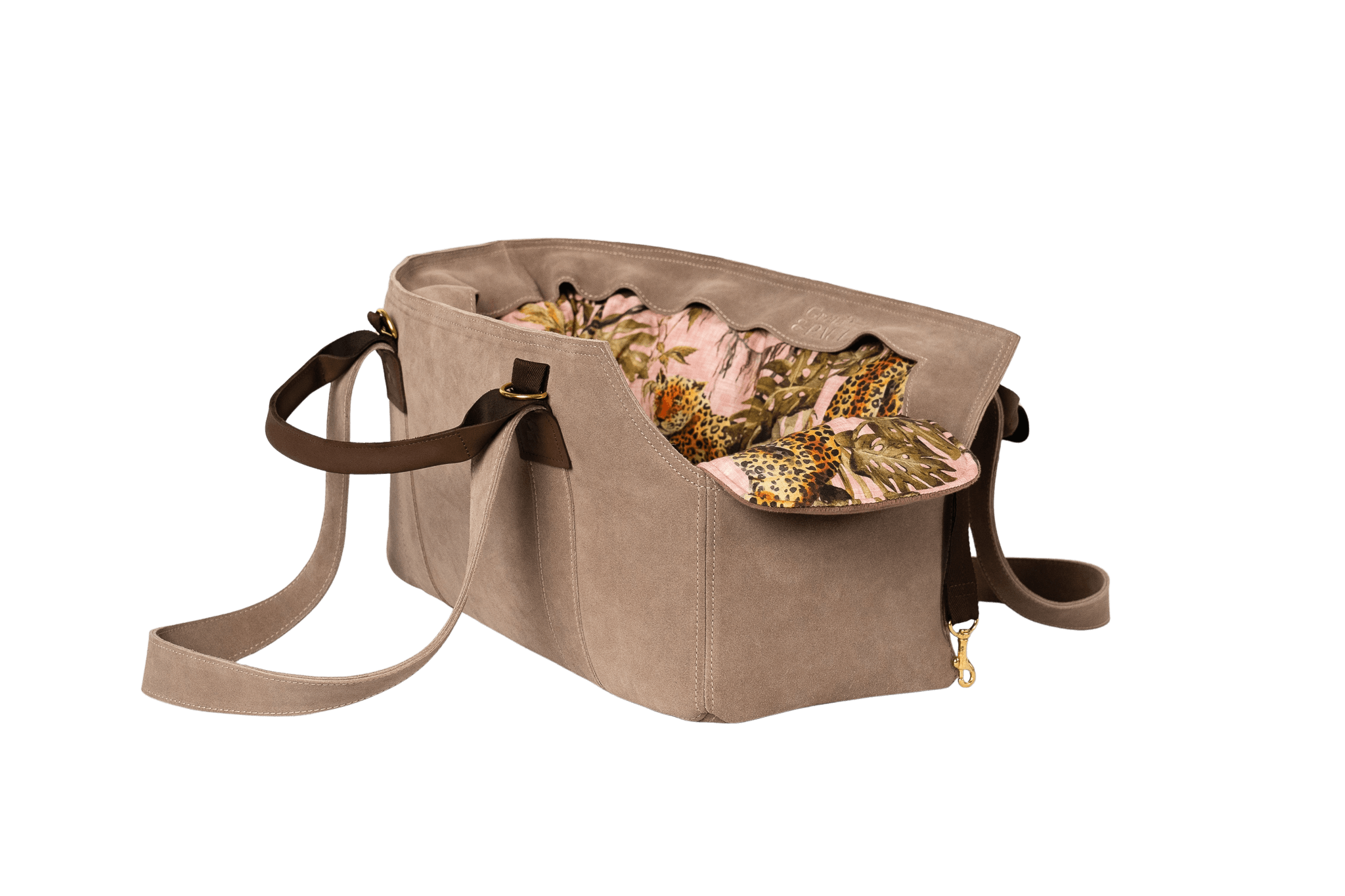 Gretas Luxus Wildleder-Hundetasche in Cappuccino mit Pink-Leo-Wende-Samt-Inlay, hochwertige Tragetasche für Hunde bis 9 kg, Premium-Design für kleine bis mittelgroße Hunde