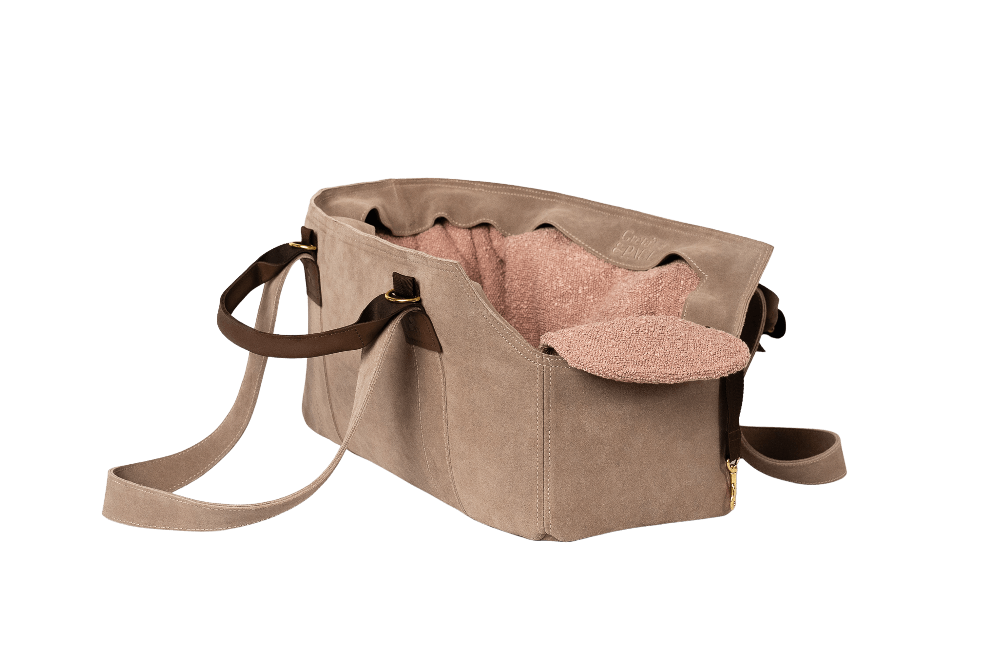 Gretas Luxus Wildleder-Hundetasche in Cappuccino mit rosafarbenem Boucle-Inlay, hochwertige Tragetasche für Hunde bis 9 kg, Premium-Design für kleine bis mittelgroße Hunde