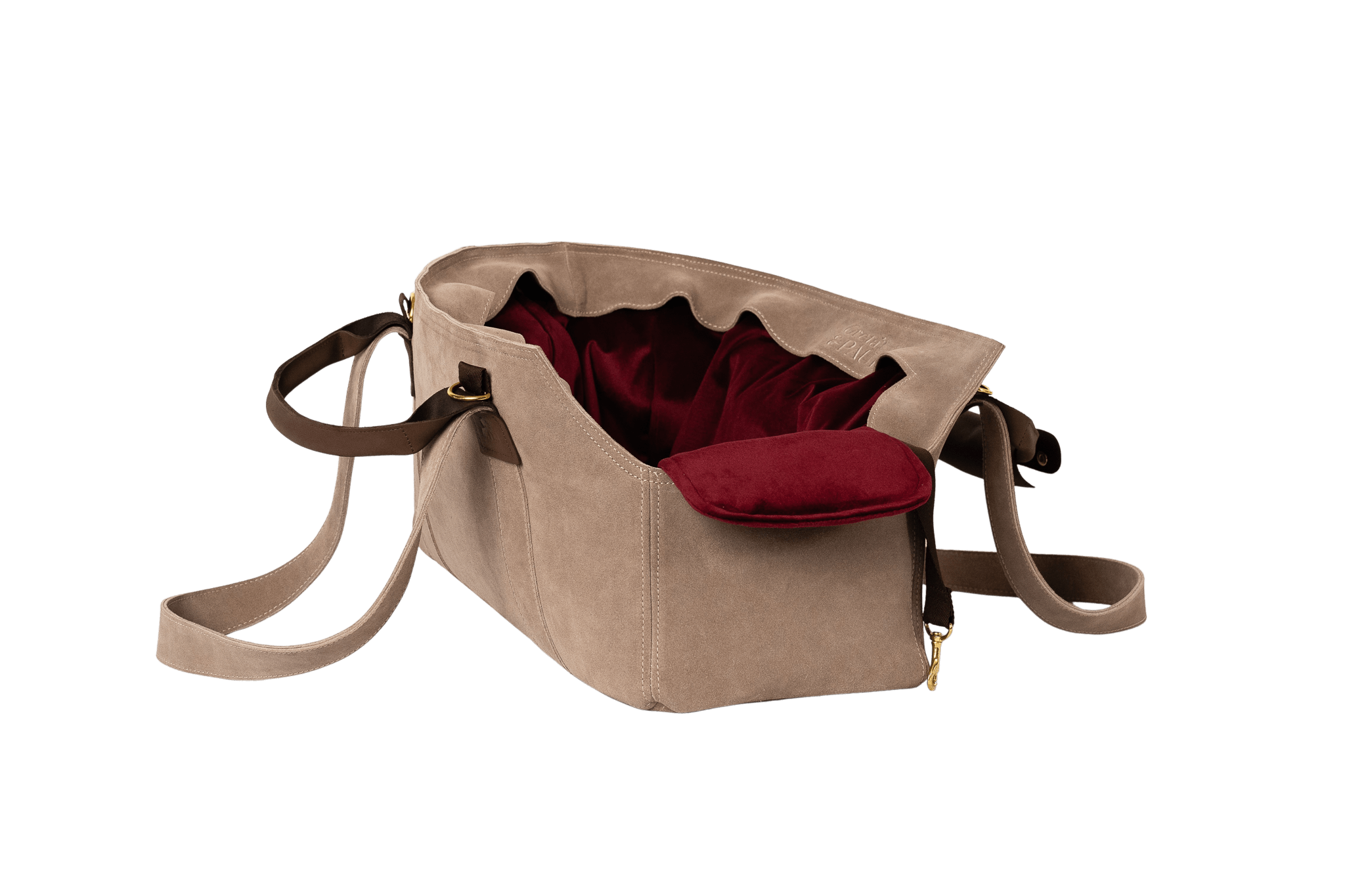 Gretas Luxus Wildleder-Hundetasche in Cappuccino mit very-berryfarbenem Samt-Inlay, hochwertige Tragetasche für Hunde bis 9 kg, Premium-Design für kleine bis mittelgroße Hunde