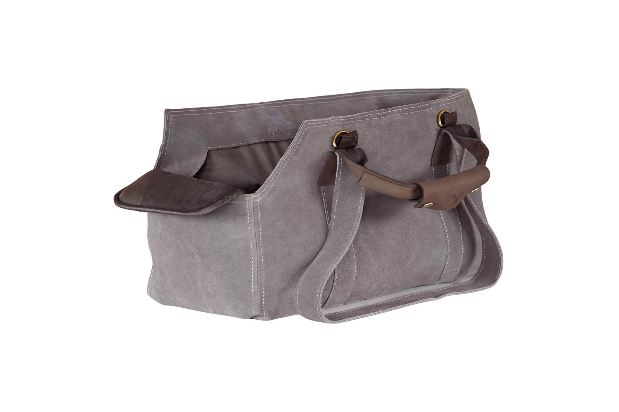 Greta's Luxus-Wildleder-Hundetasche in Grau mit Kontrastnähten und anthrazitfarbenem Samt-Inlay