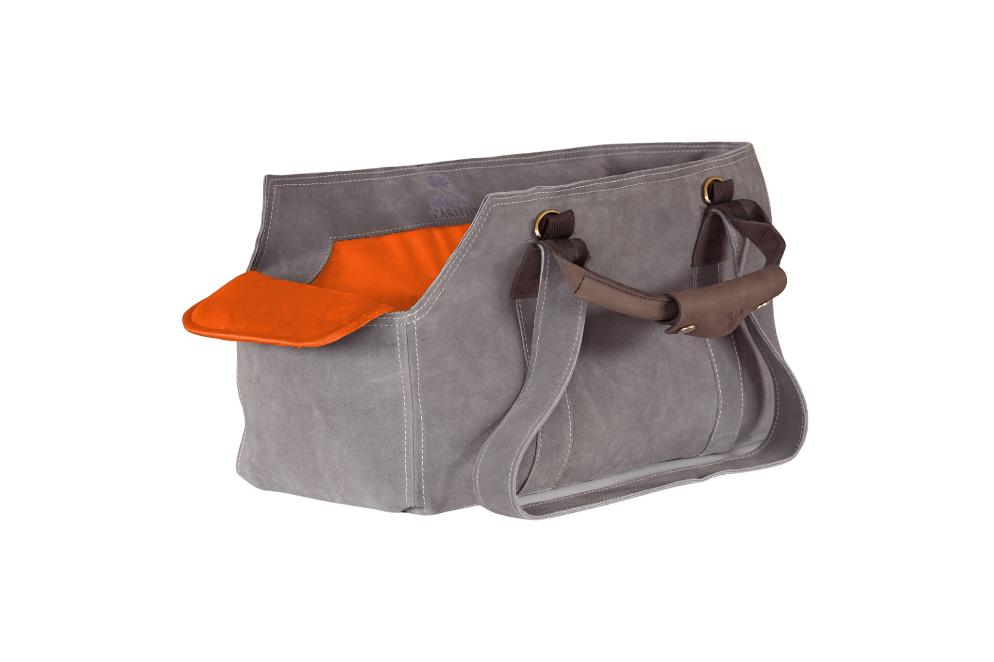 Greta's Luxus-Wildleder-Hundetasche in Grau mit Kontrastnähten und orangefarbenem Samt-Inlay