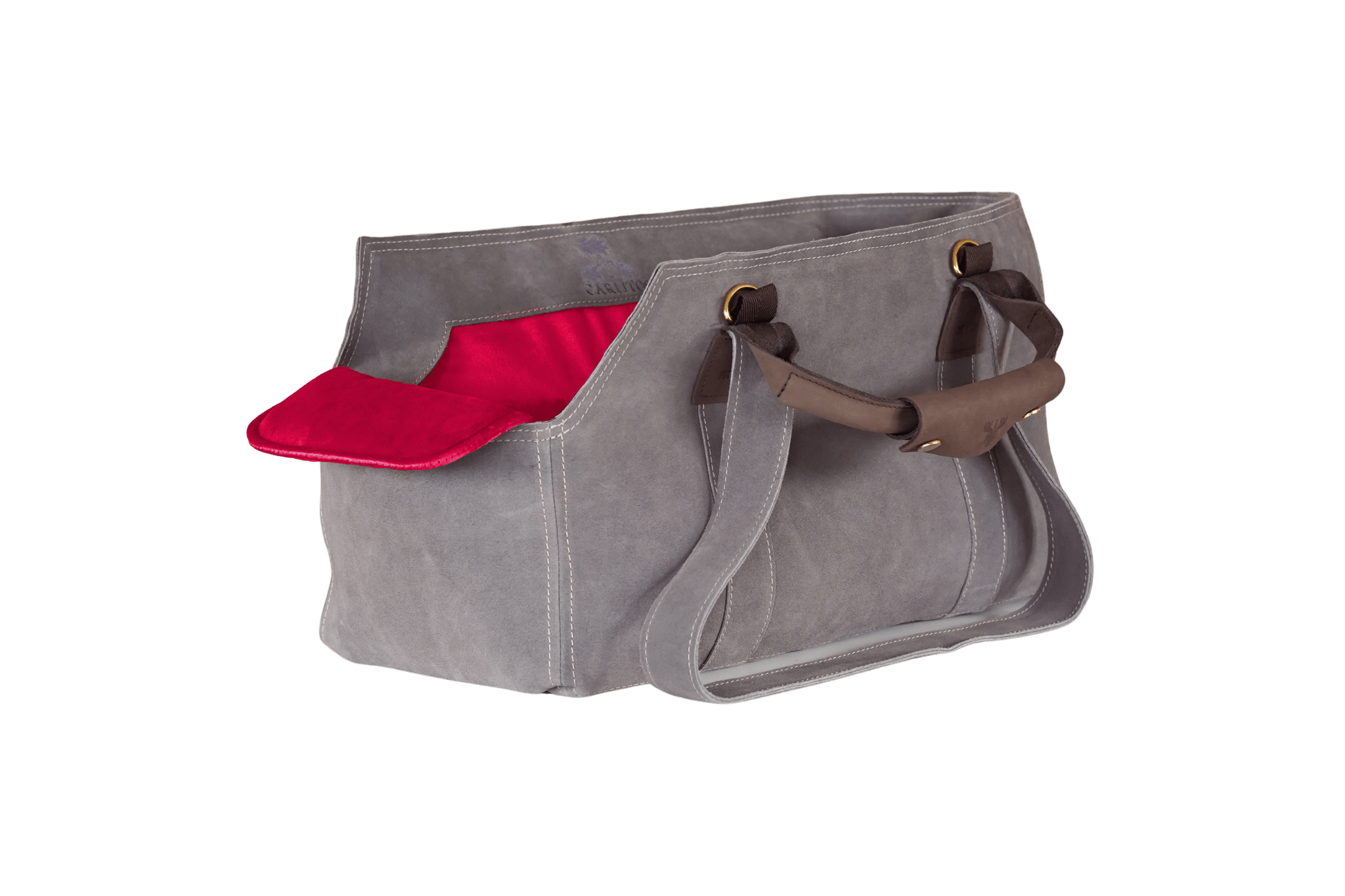 Greta's Luxus-Wildleder-Hundetasche in Grau mit Kontrastnähten und pinkem Samt-Inlay