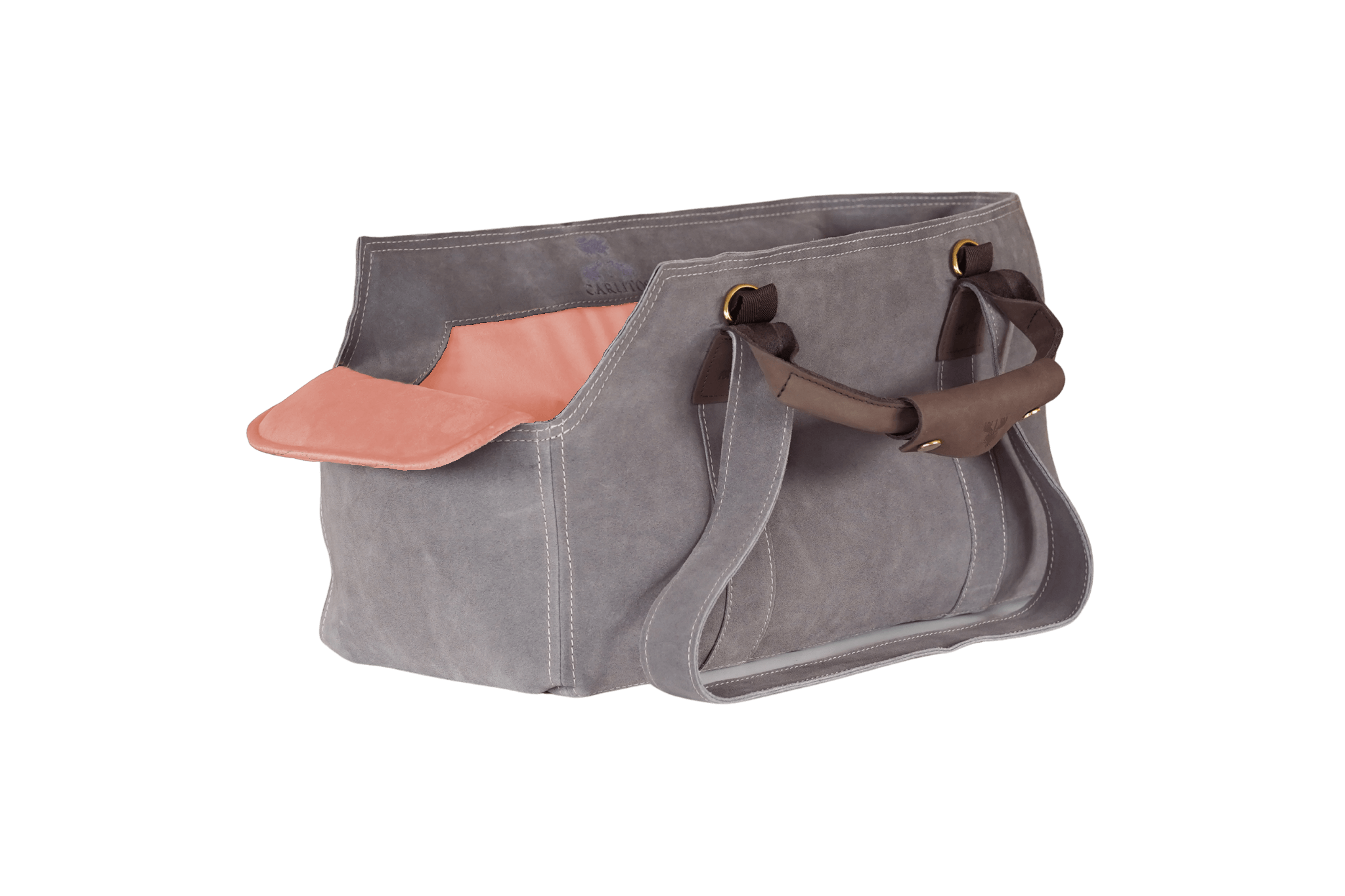 Greta's Luxus-Wildleder-Hundetasche in Grau mit Kontrastnähten und rosafarbenem Samt-Inlay