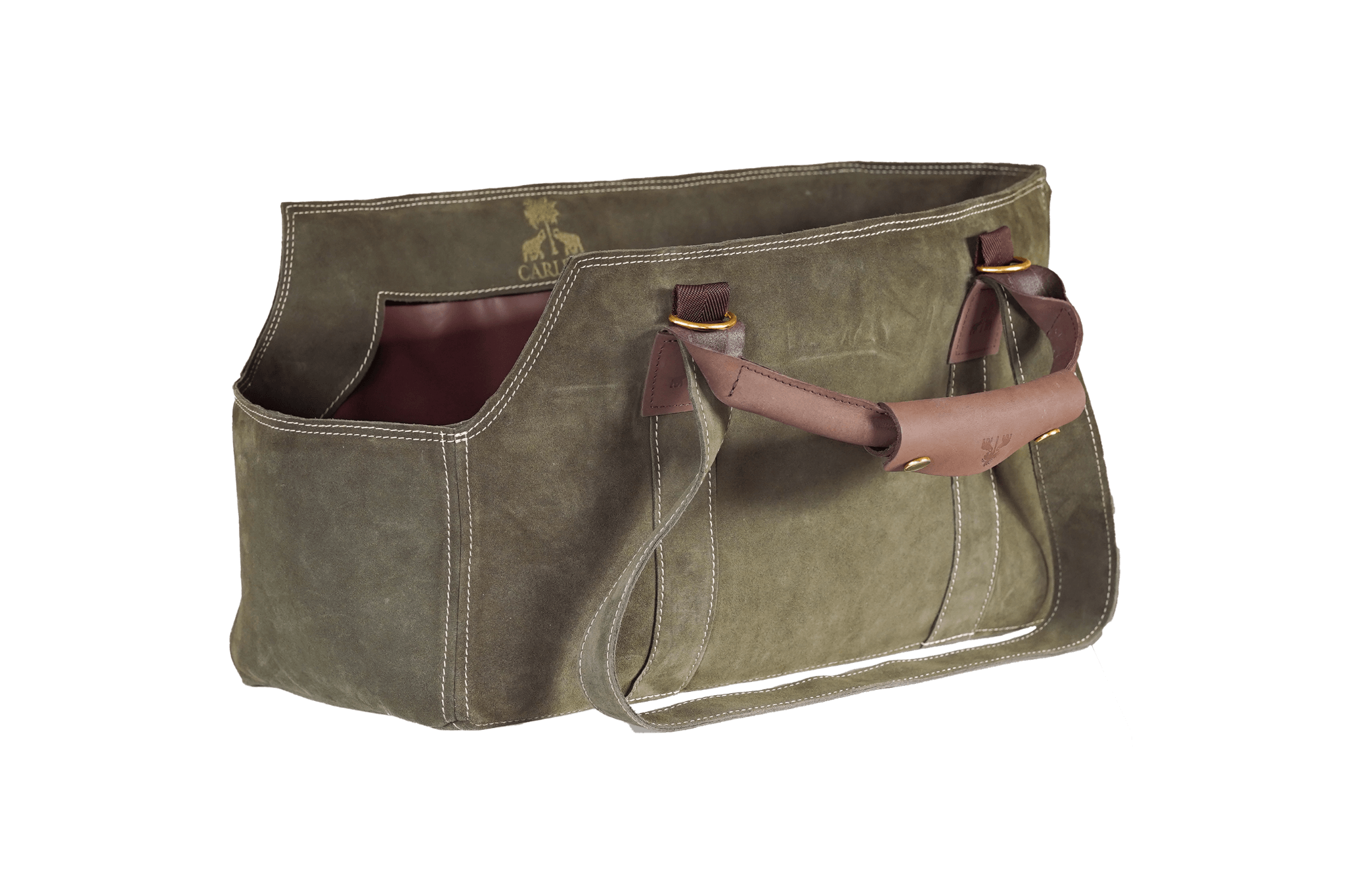 Greta's Luxus-Wildleder-Hundetasche in Khaki mit Kontrastnähten, ohne Inlay