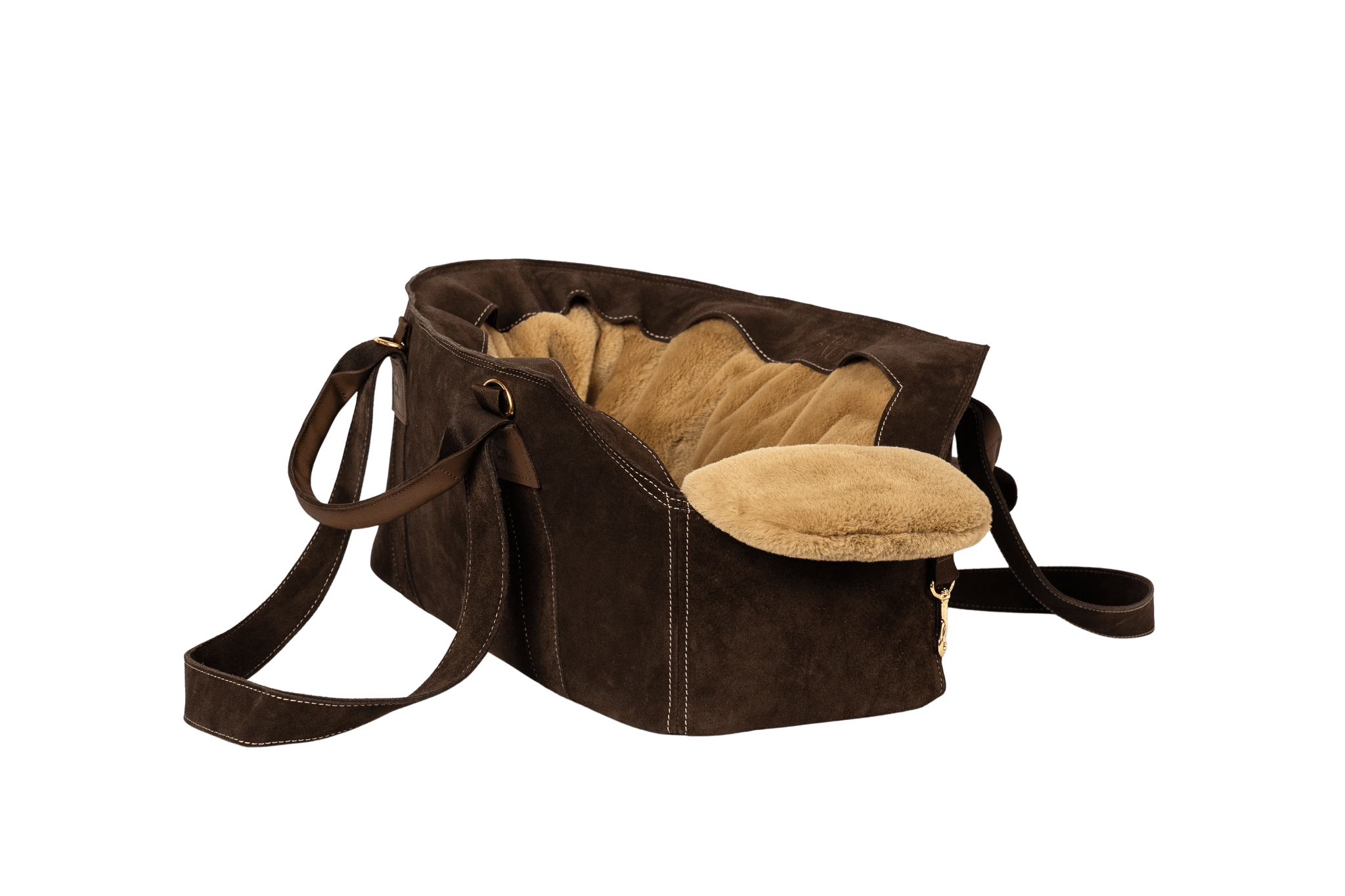 Gretas Luxus Wildleder-Hundetasche in Dunkelbraun mit beige-goldfarbenem Flausch-Inlay, hochwertige Tragetasche für Hunde bis 9 kg, Premium-Design für kleine bis mittelgroße Hunde