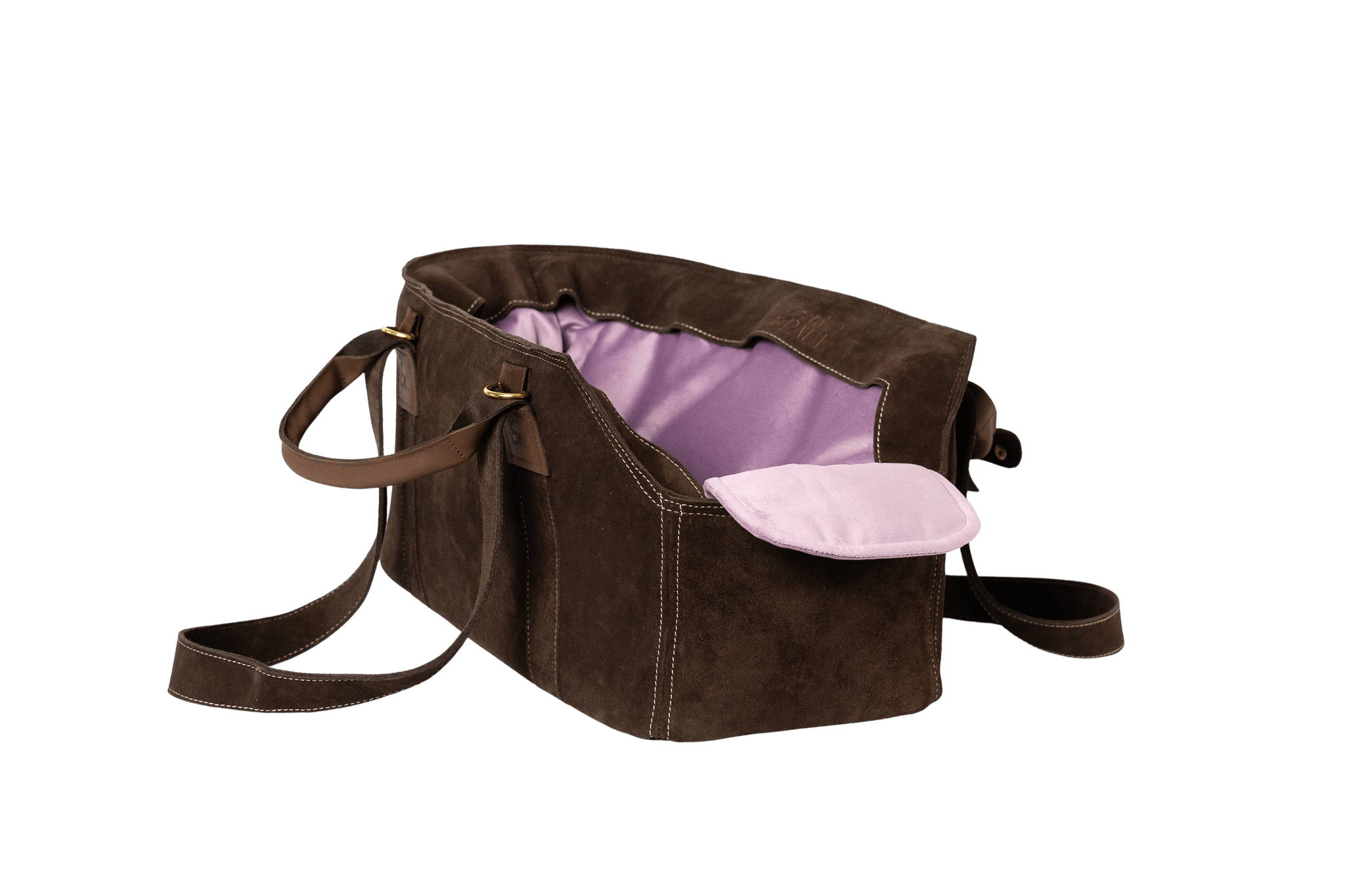 Gretas Luxus Wildleder-Hundetasche in Dunkelbraun mit fliederfarbenem Samt-Inlay, hochwertige Tragetasche für Hunde bis 9 kg, Premium-Design für kleine bis mittelgroße Hunde