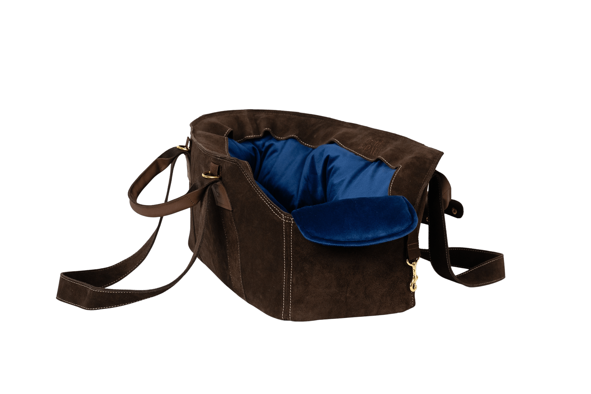 Gretas Luxus Wildleder-Hundetasche in Dunkelbraun mit königsblauem Samt-Inlay, hochwertige Tragetasche für Hunde bis 9 kg, Premium-Design für kleine bis mittelgroße Hunde