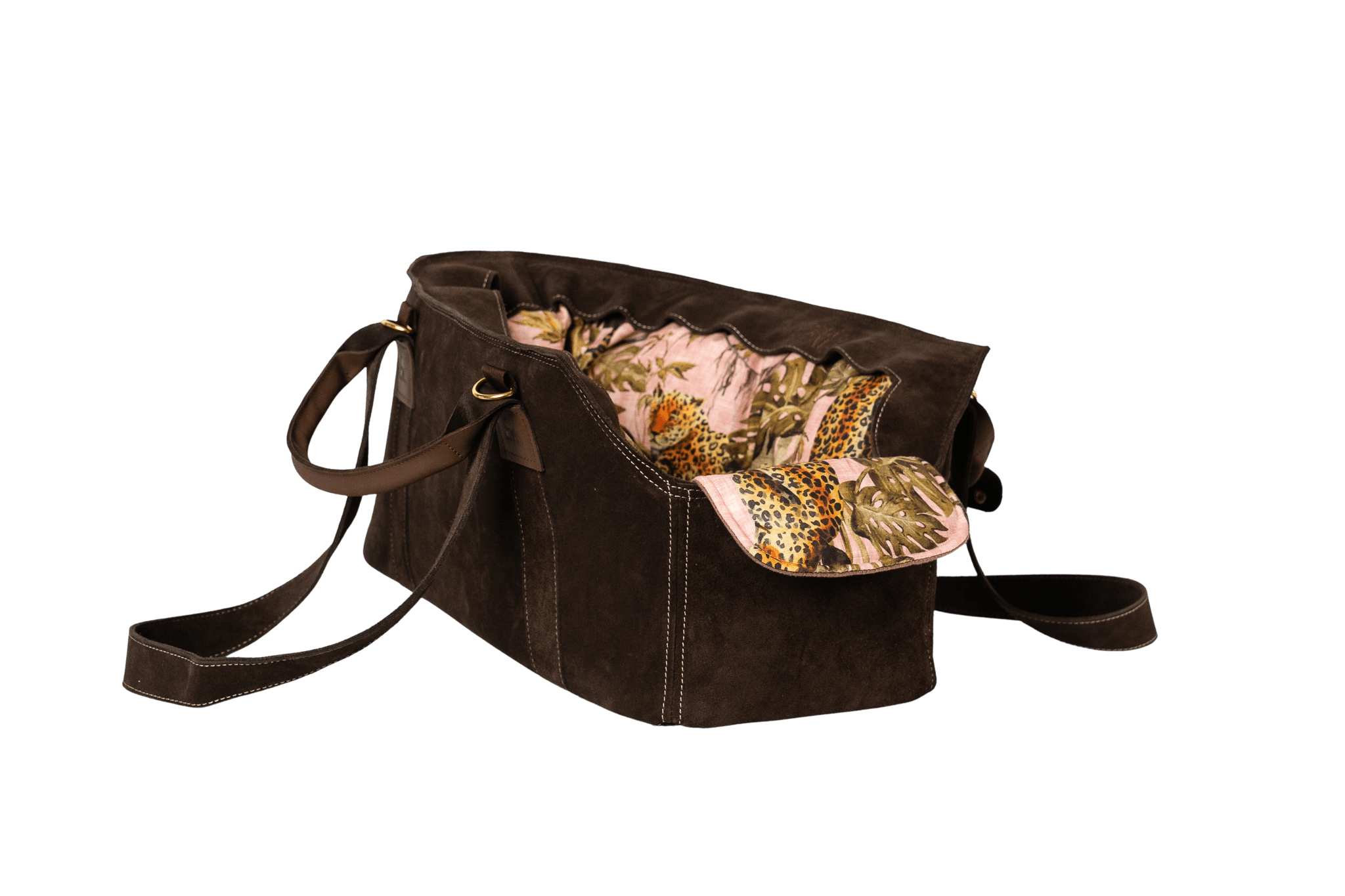 Gretas Luxus Wildleder-Hundetasche in Dunkelbraun mit Pink-Leo-Wende-Samt-Inlay, hochwertige Tragetasche für Hunde bis 9 kg, Premium-Design für kleine bis mittelgroße Hunde